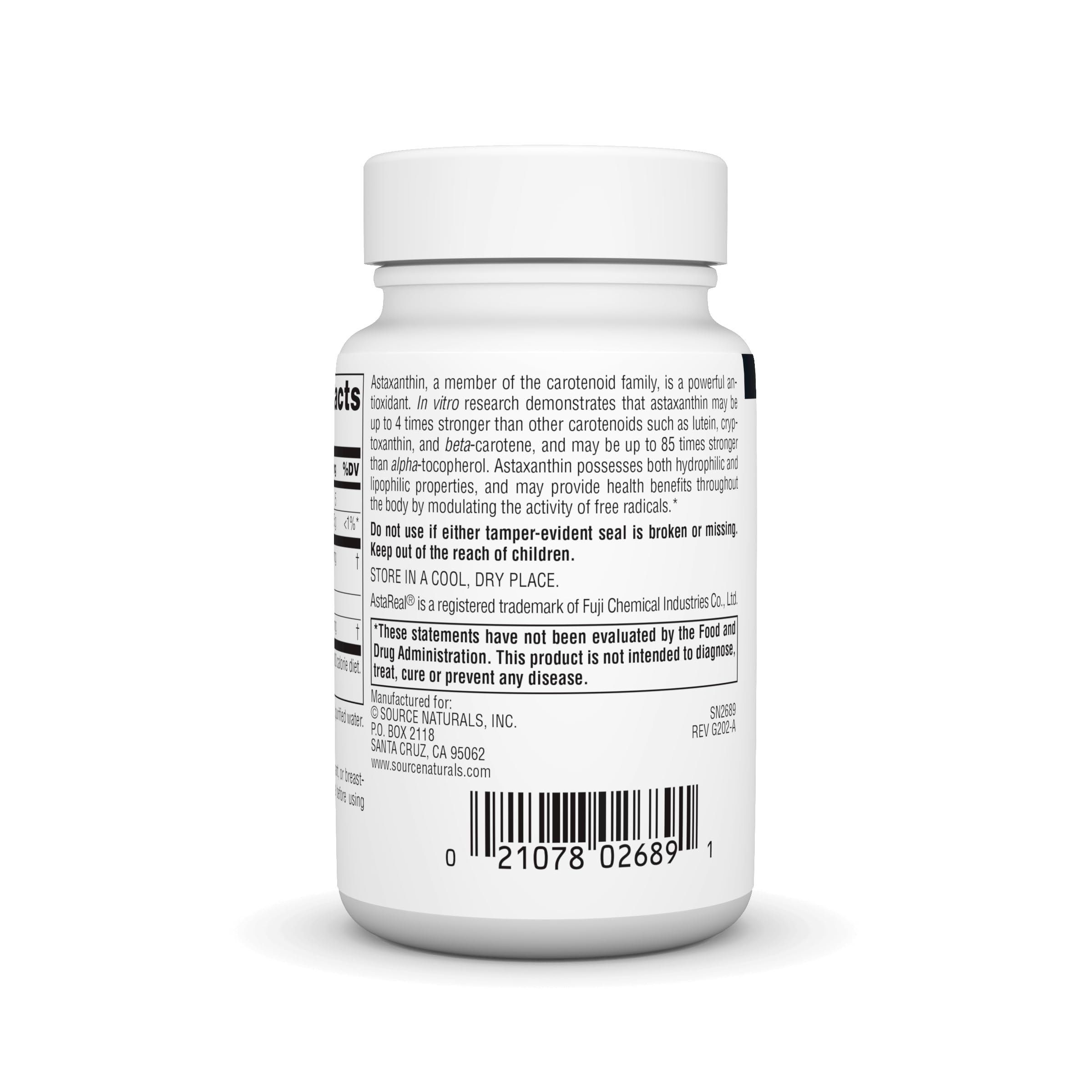 Source Naturals astaxantina etiqueta frontal: diseño claro y certificaciones de calidad.
