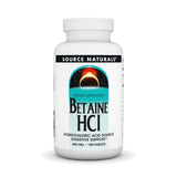 Source Naturals Betaine HCl botella-frente ofrece una dosis de 650 mg para apoyo digestivo.