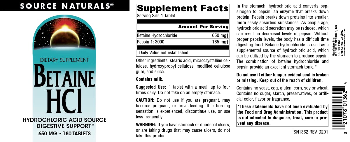 Source Naturals Betaine HCl caja destaca fabricación en Estados Unidos.