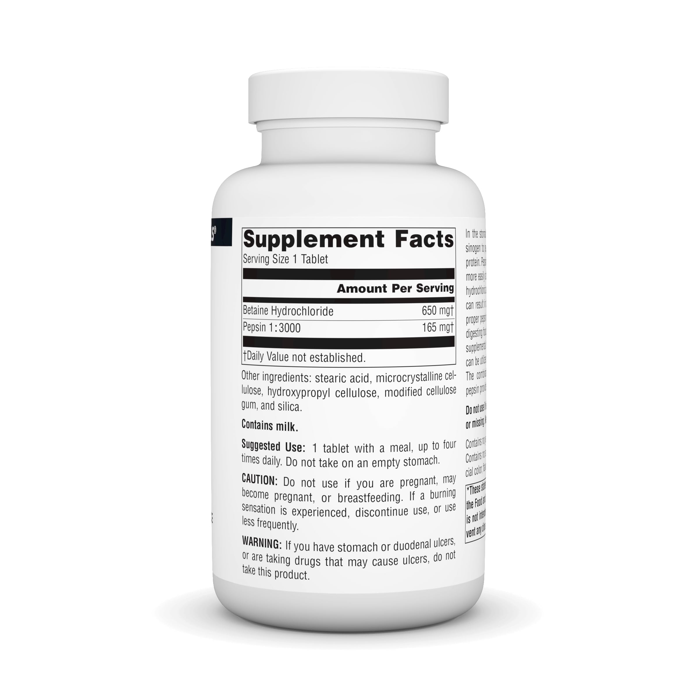 Source Naturals Betaine HCl tabletas-close-up muestra tabletas de 650 mg listas para tomar.