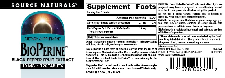 Source Naturals BioPerine: empaque y código de lote para trazabilidad.