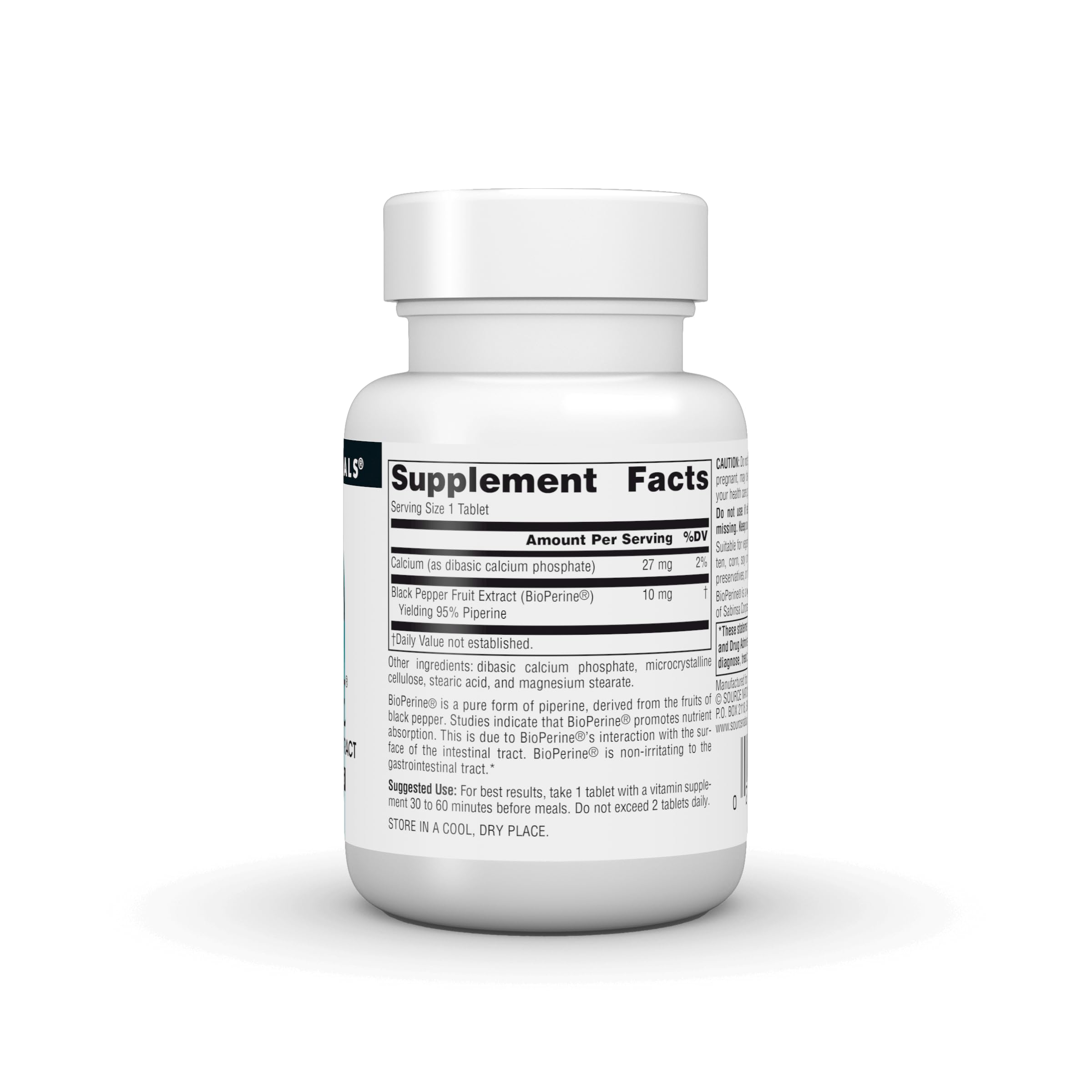 Source Naturals BioPerine: tabletas claras en frasco para facilitar la ingesta diaria.