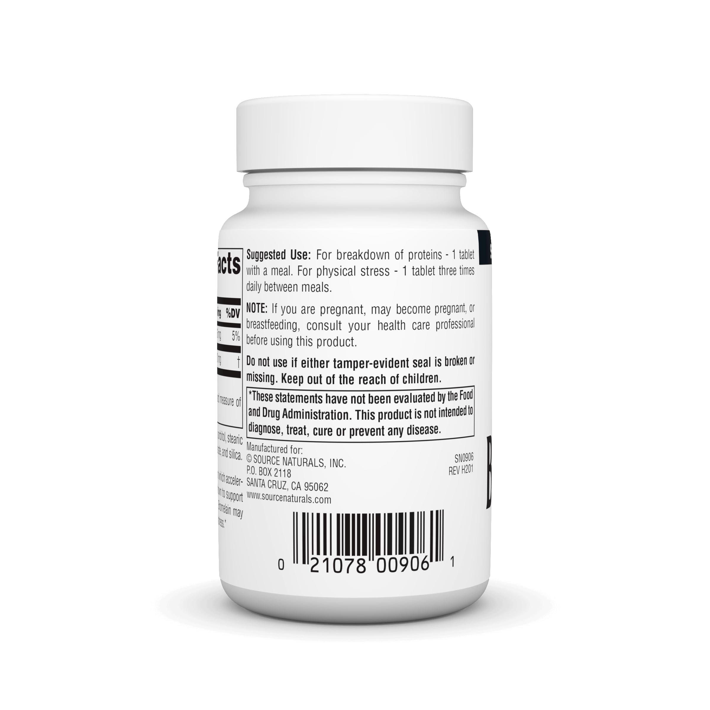 Source Naturals Bromelain 500 mg, botella primer plano, ingrediente clave para proteínas.