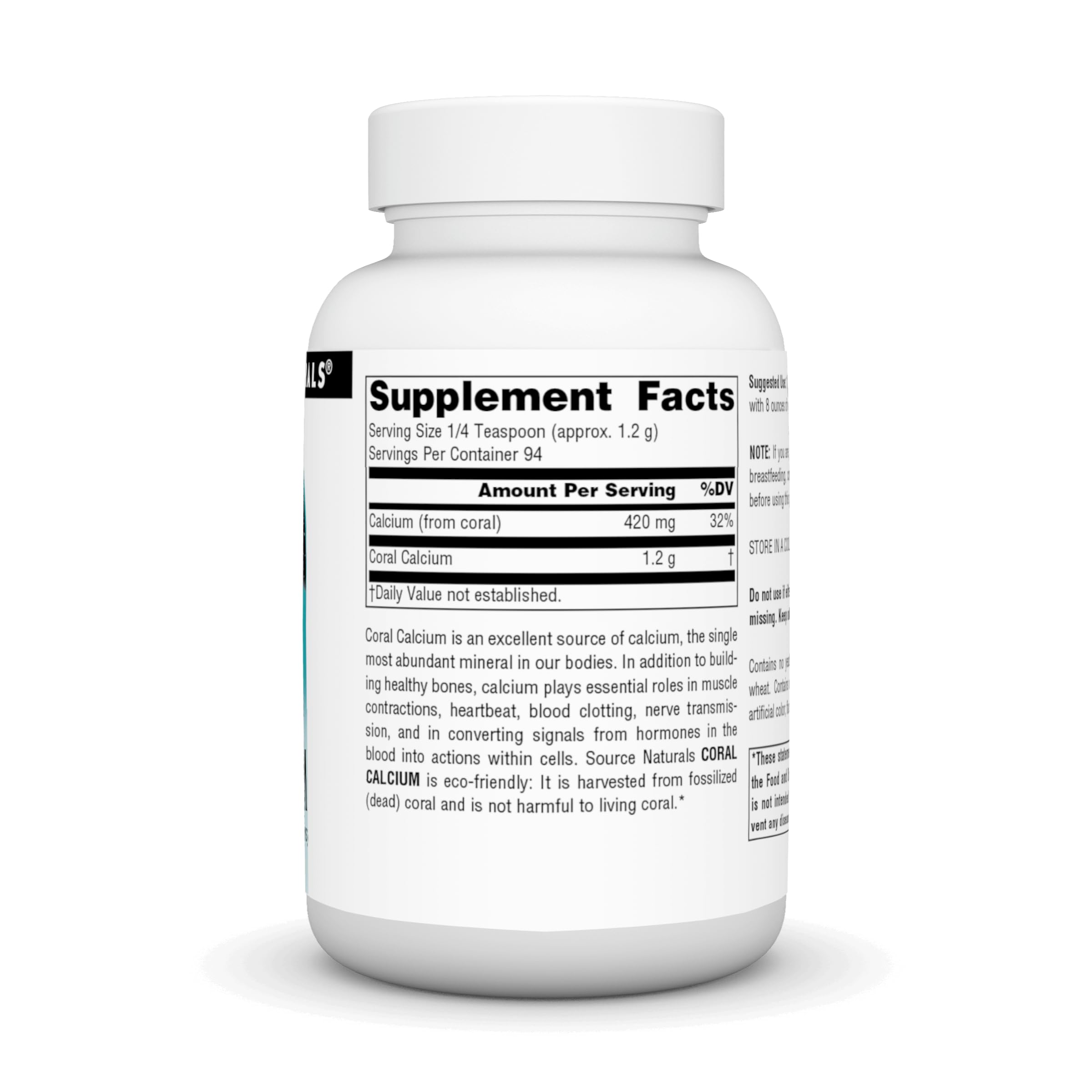 Source Naturals Calcio Coral, uso recomendado con agua o jugo.