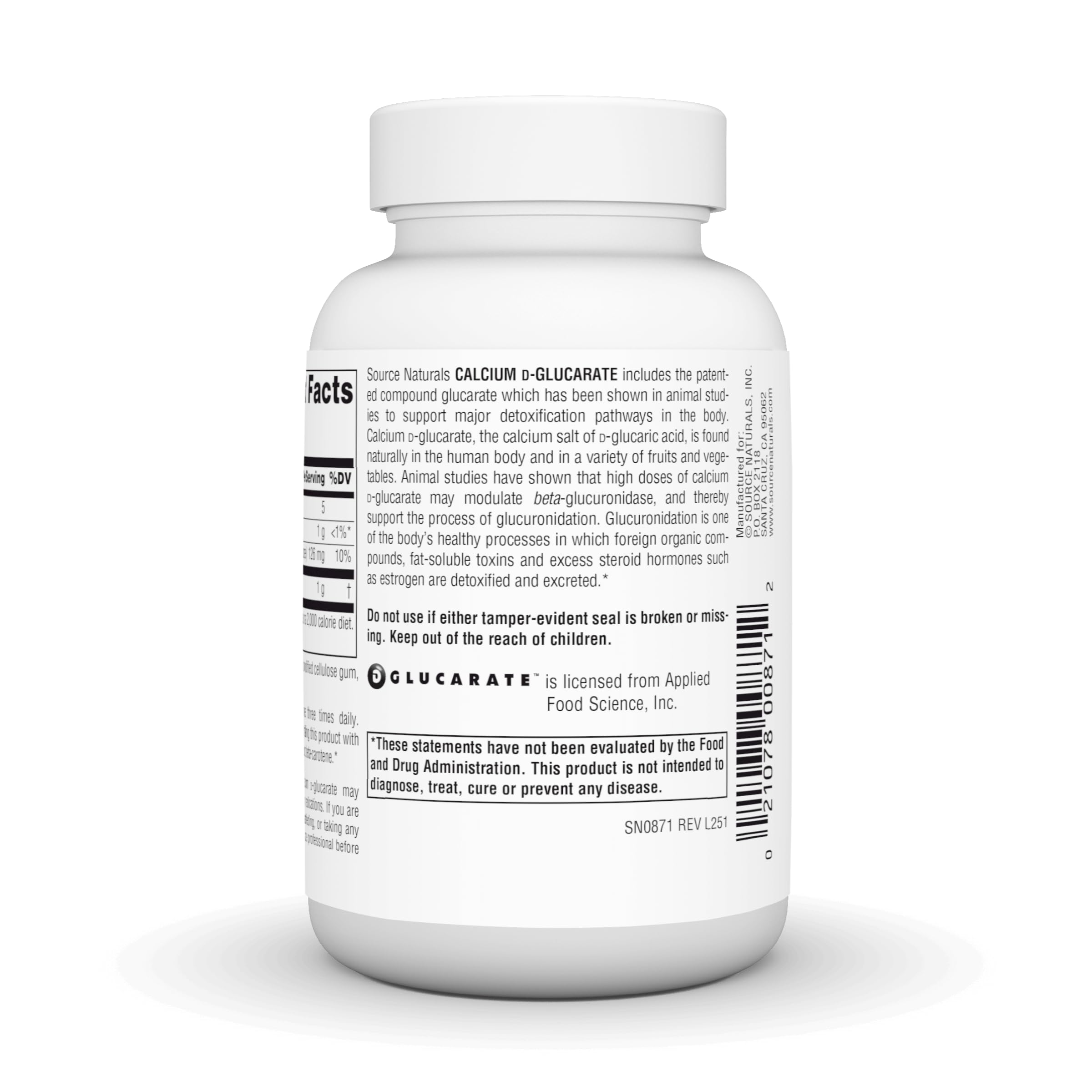 Source Naturals Calcio D-Glucarato etiqueta frontal con iconos de detox