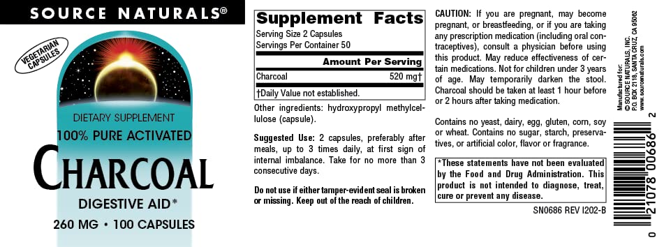 Source Naturals carbón activado, etiqueta libre de alérgenos para dietas sensibles.