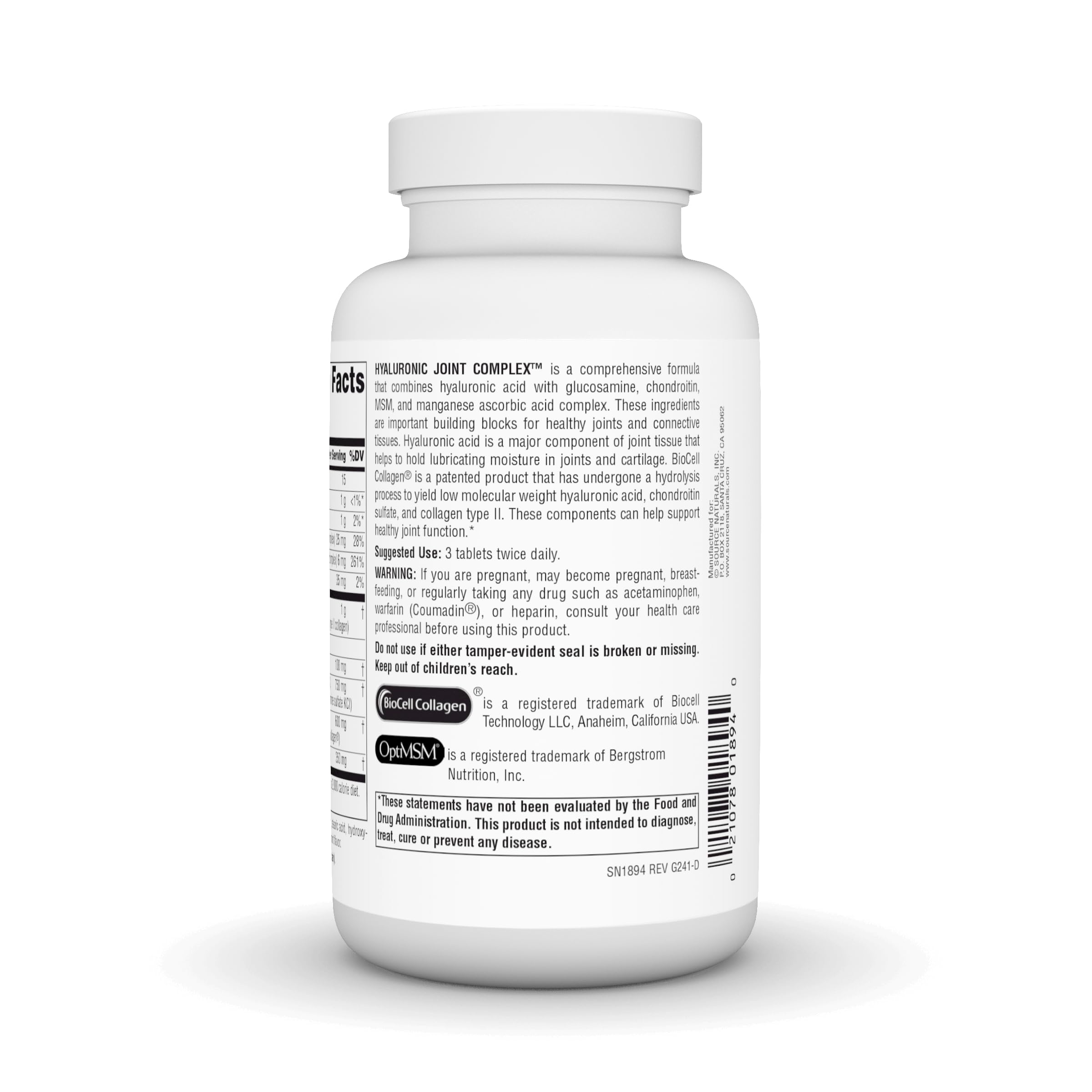 Source Naturals Hyaluronic Joint Complex, etiqueta frontal con información de la fórmula.
