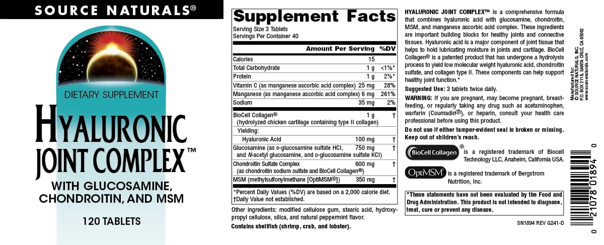 Source Naturals Hyaluronic Joint Complex, imagen de ingredientes y composición.