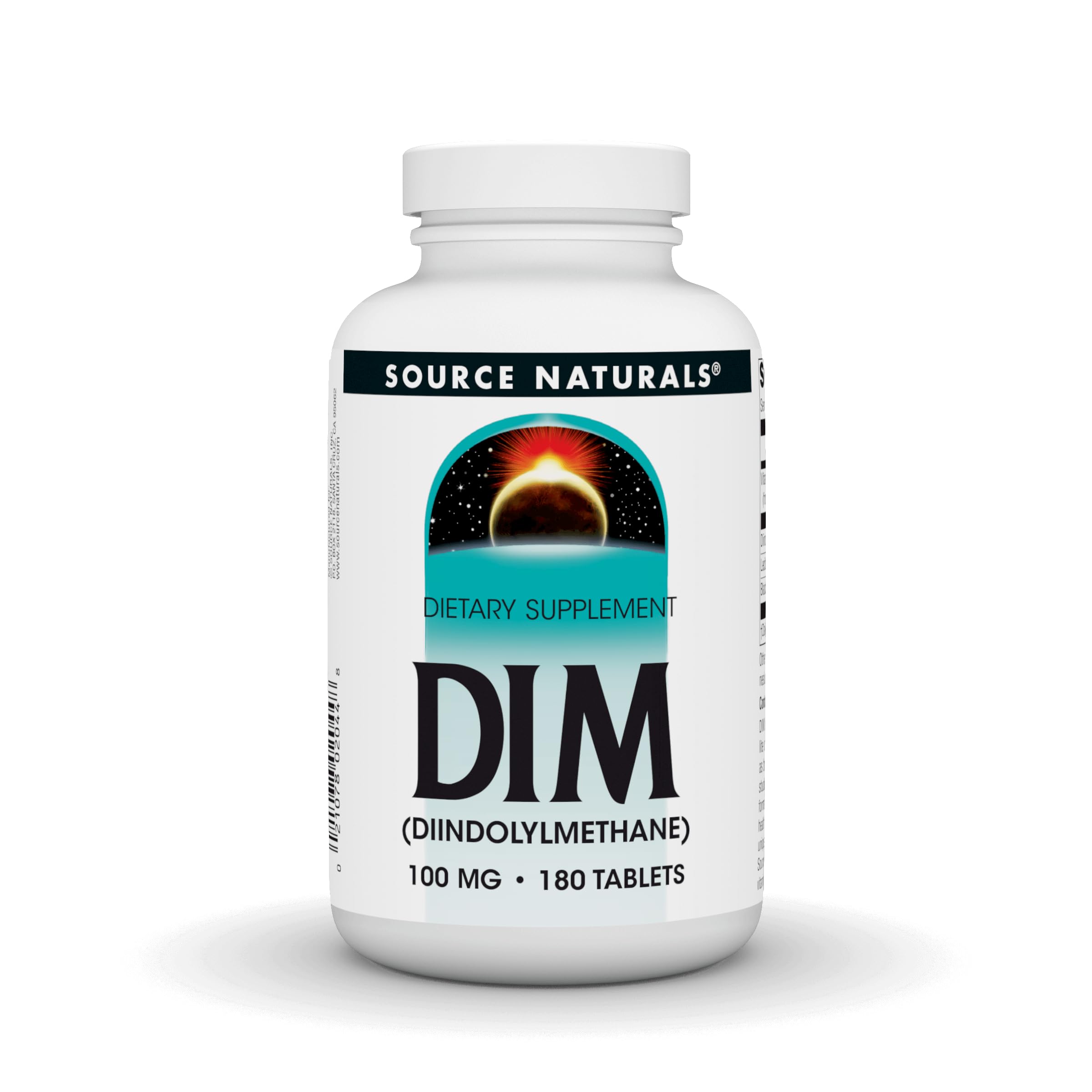 Source Naturals DIM 100 mg con BioPerine, tableta en botella para uso diario.