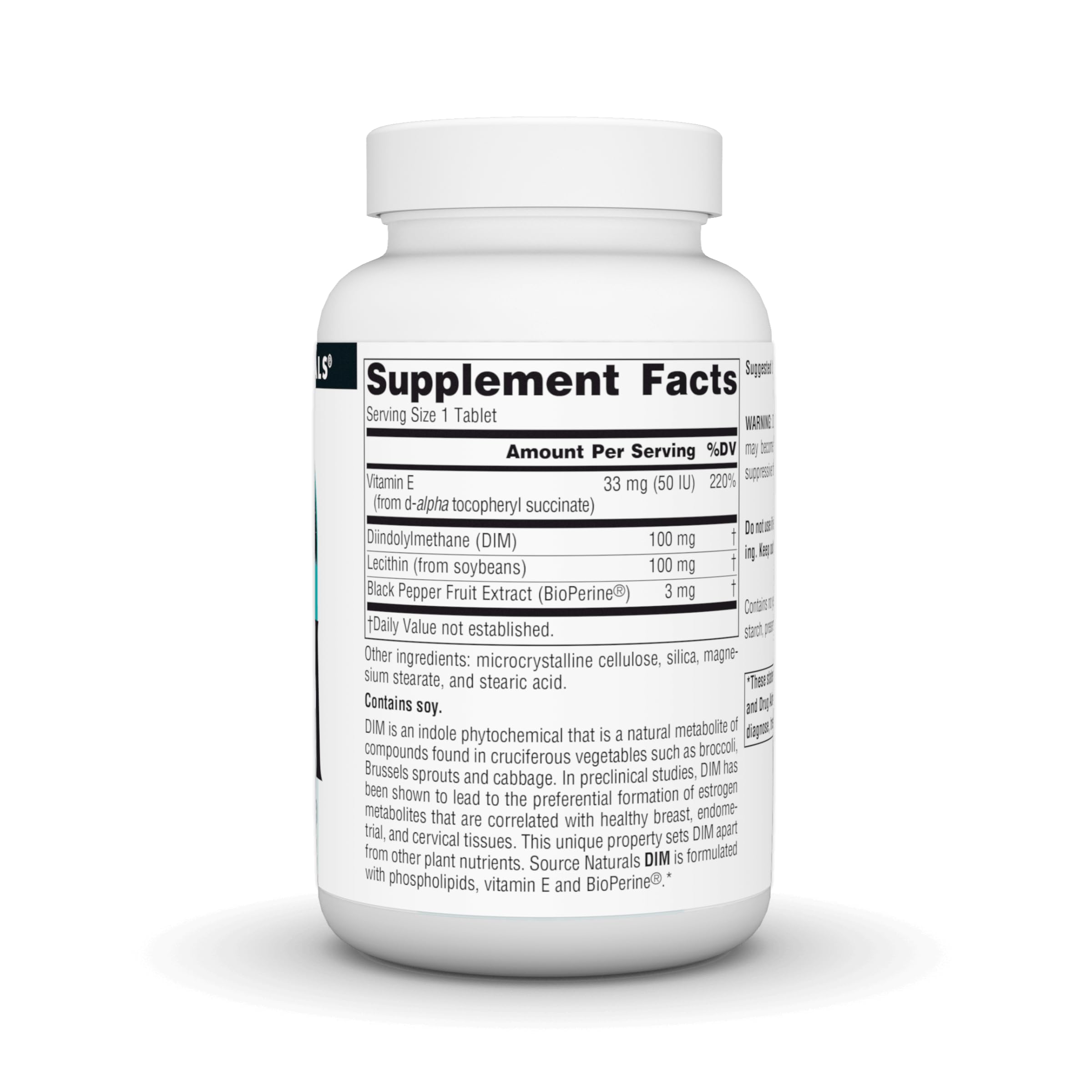 Source Naturals DIM, etiqueta frontal destacando ingredientes y beneficios.