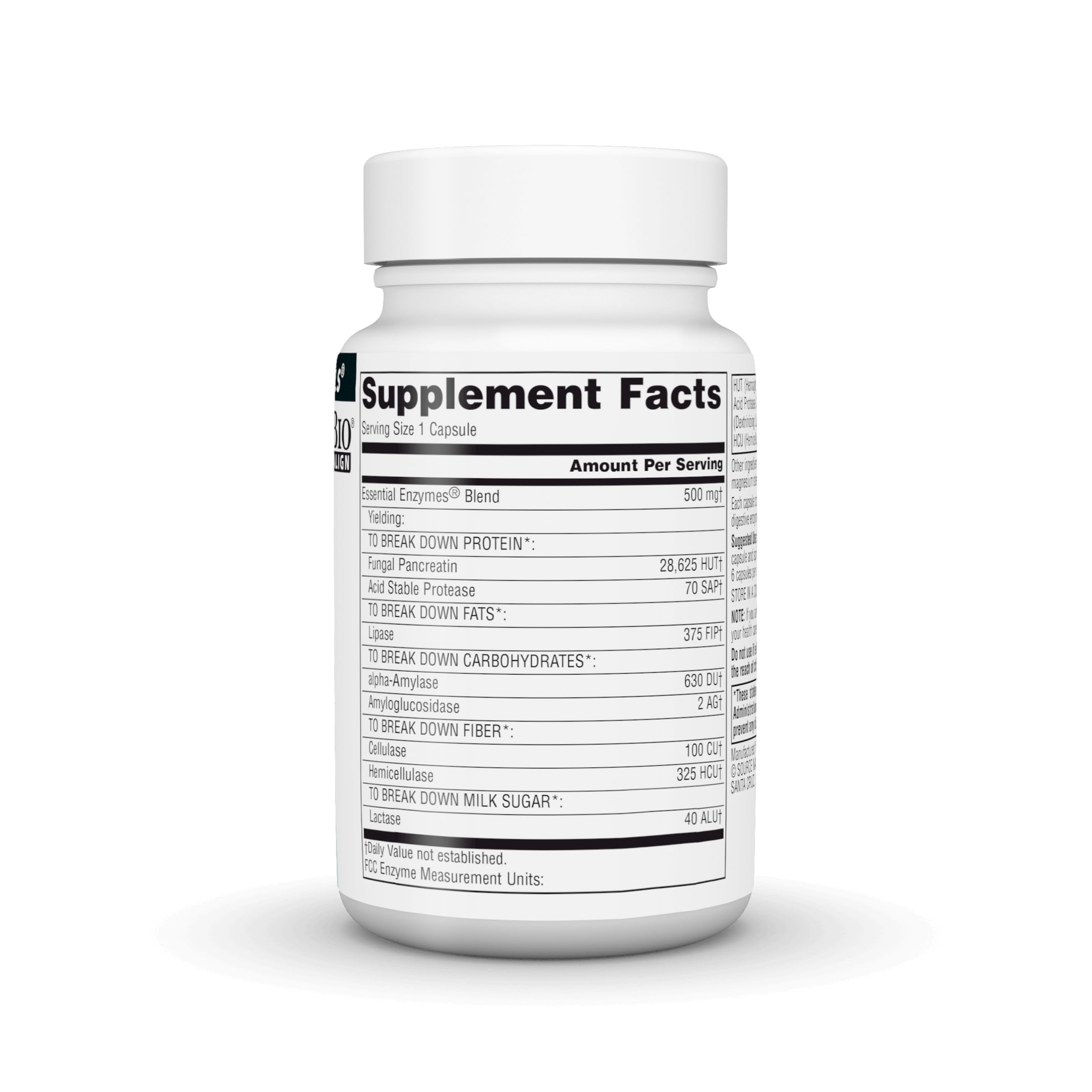 Source Naturals Enzimas Esenciales — etiqueta clara con las 8 enzimas para descomponer alimentos.