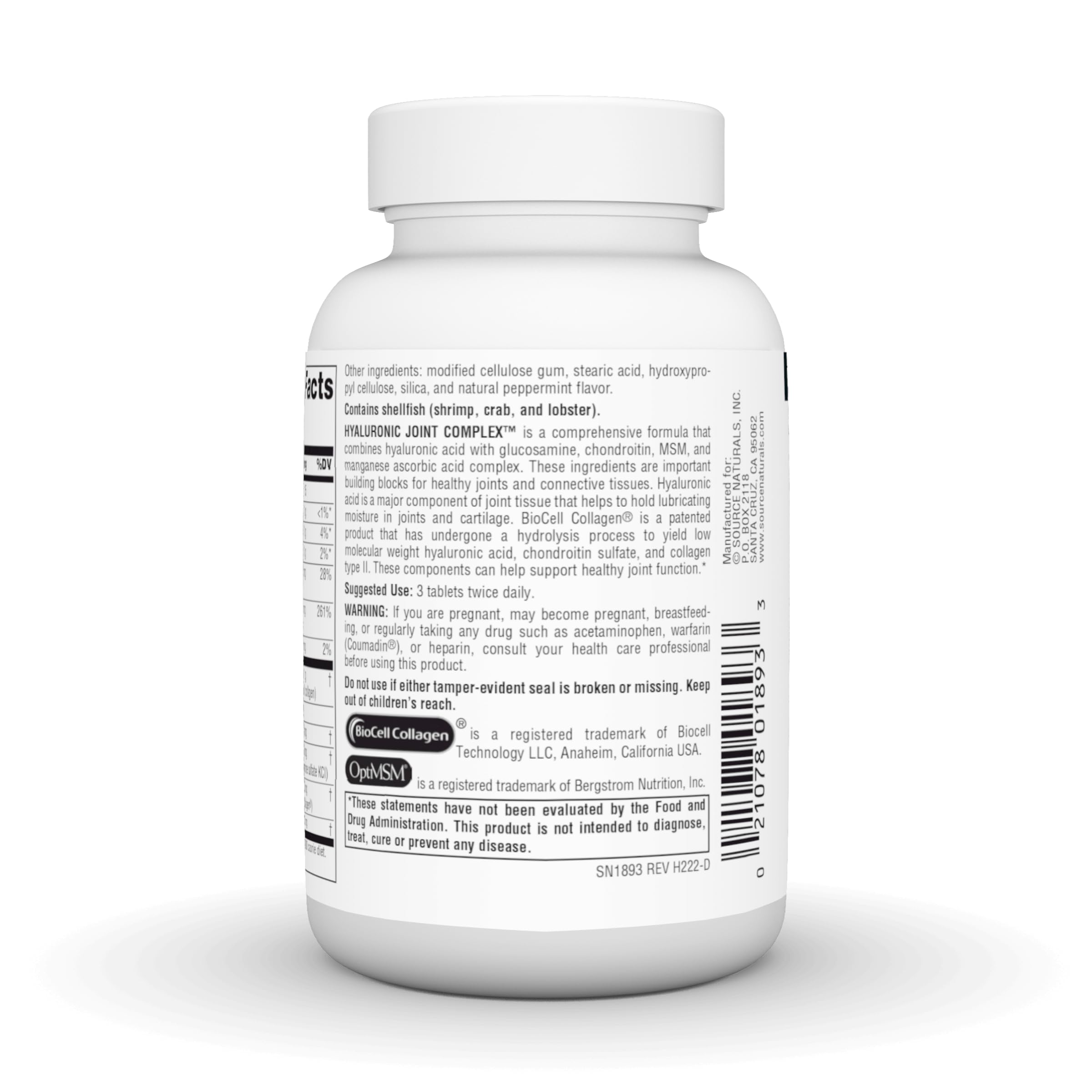 Source Naturals etiqueta botella articulaciones, información clara para dosis diaria.