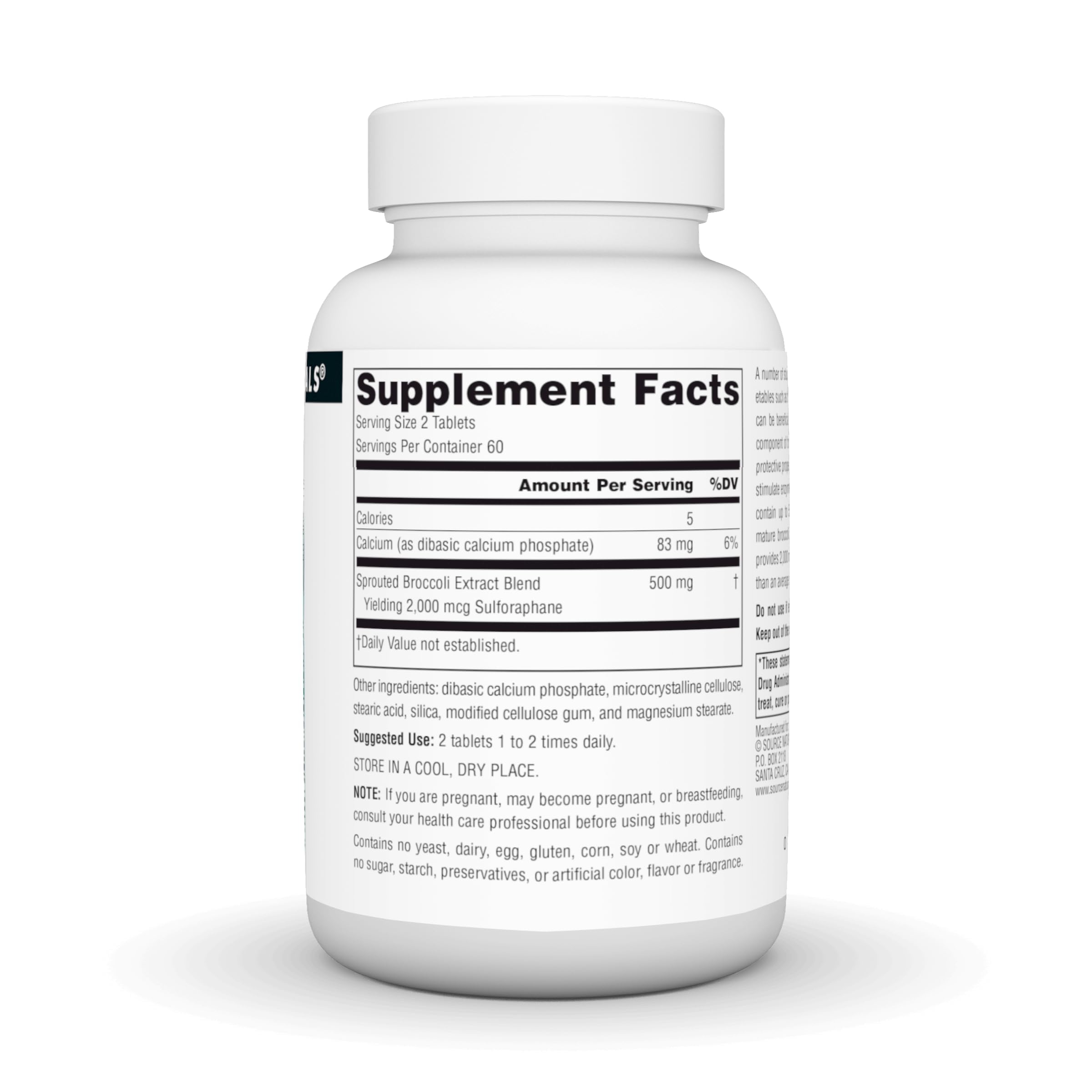 Source Naturals etiqueta de brócoli en detalle, información clara para elegir suplementos.