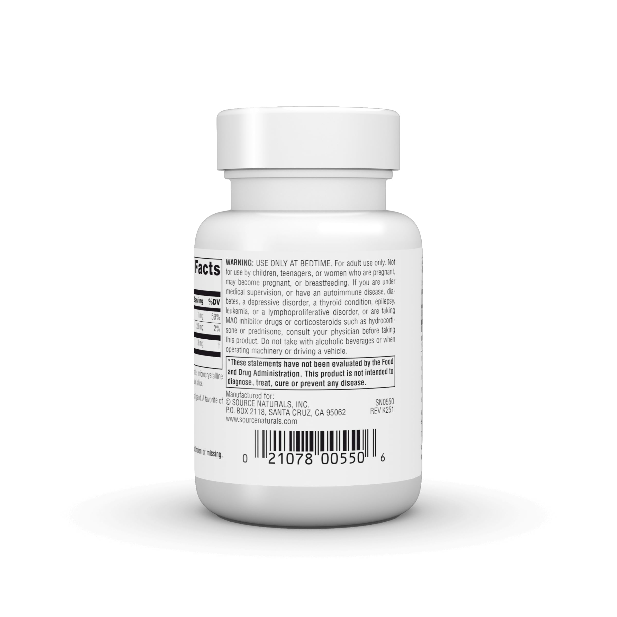 Etiqueta Source Naturals Melatonina en frasco, recordatorio de dosificación para sueño.