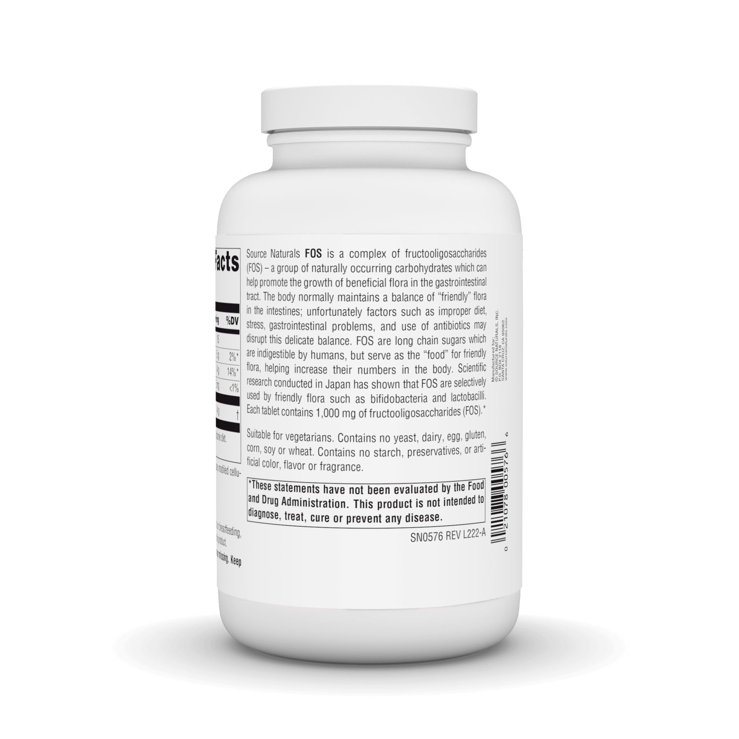 Source Naturals FOS 1000 mg, etiqueta, información clara y sin alérgenos.