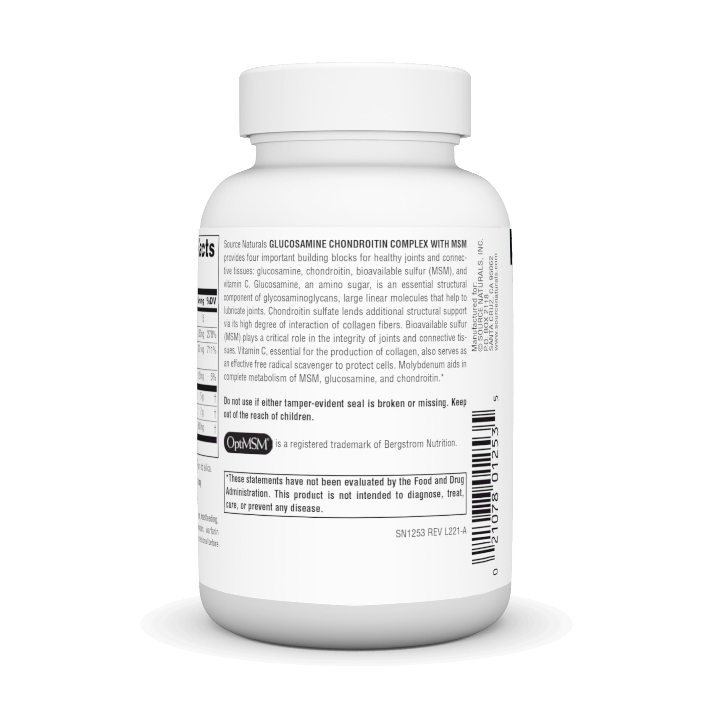 Source Naturals Glucosamina Condroitina MSM 60, etiqueta legible, información del suplemento