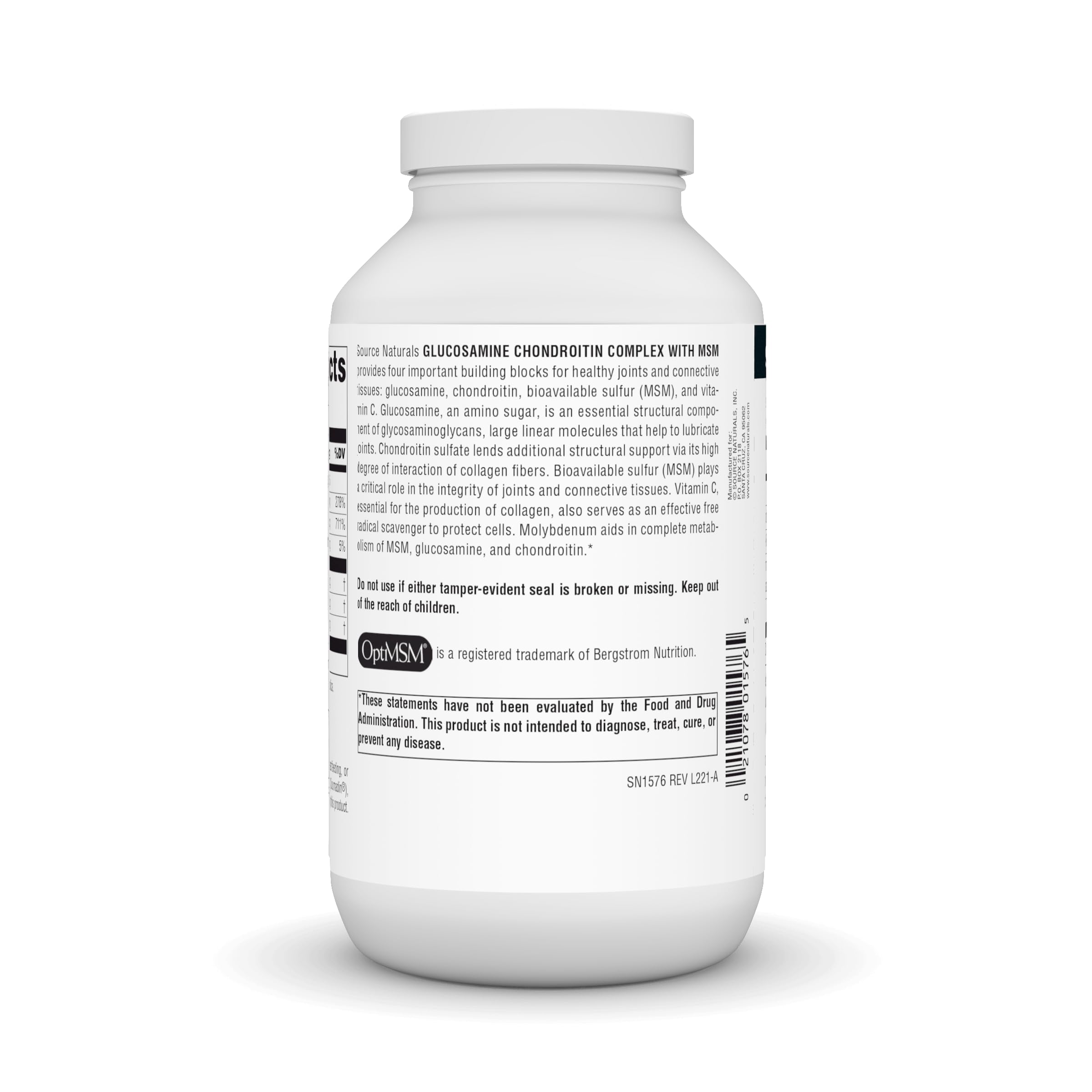Source Naturals tabletas en etiqueta, contiene MSM y vitamina C presentes