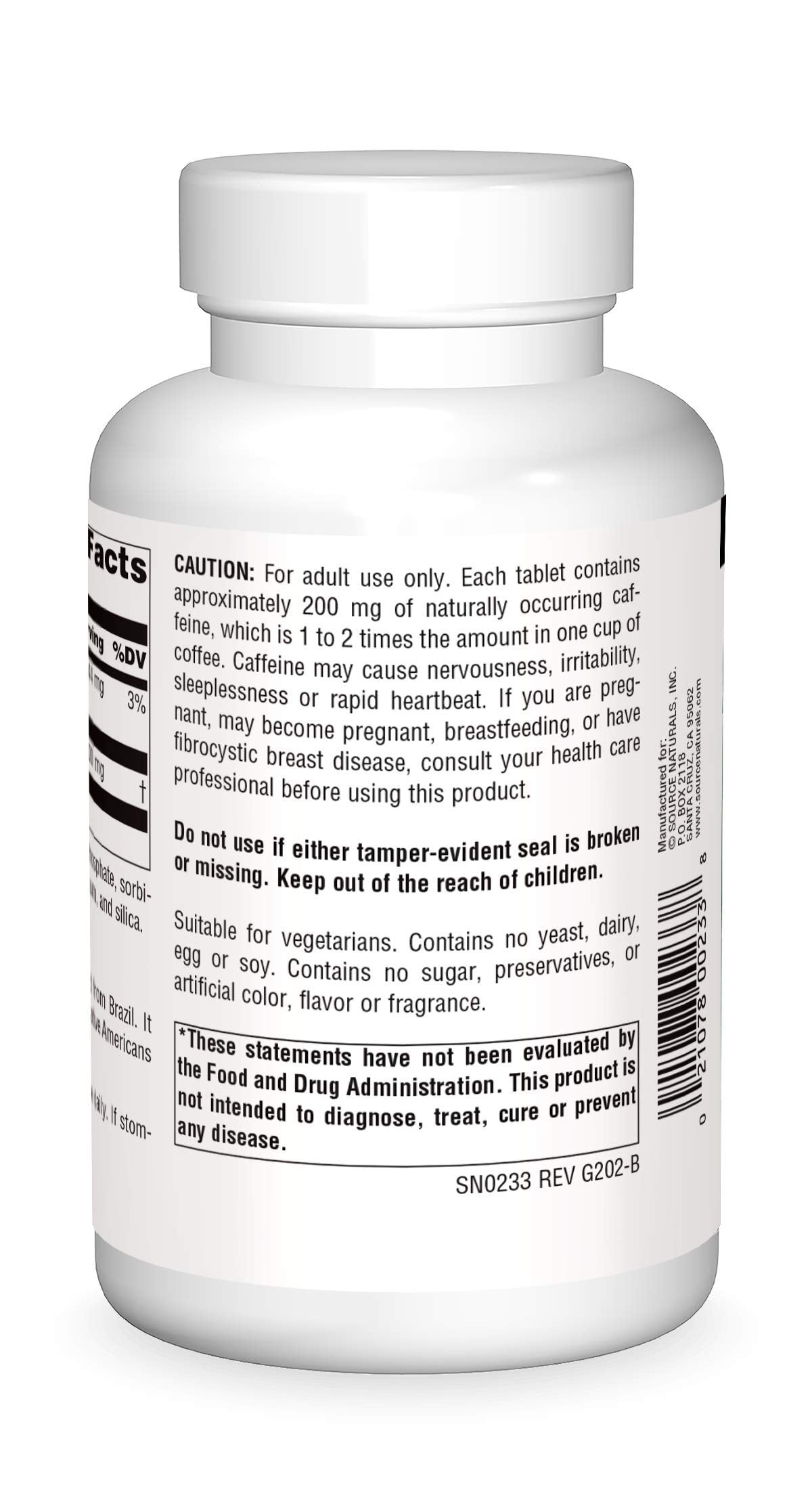 Etiqueta detallada de Source Naturals Guarana Energizer con datos clave