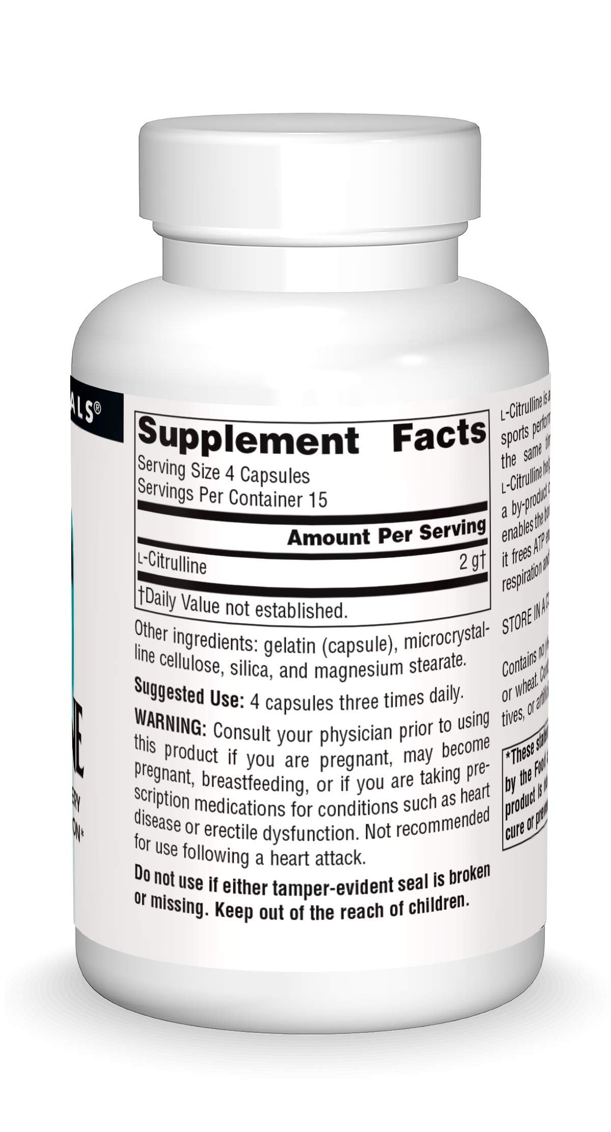 Source Naturals L-Citrulline etiqueta frontal: claridad de dosis para plan de suplementación.