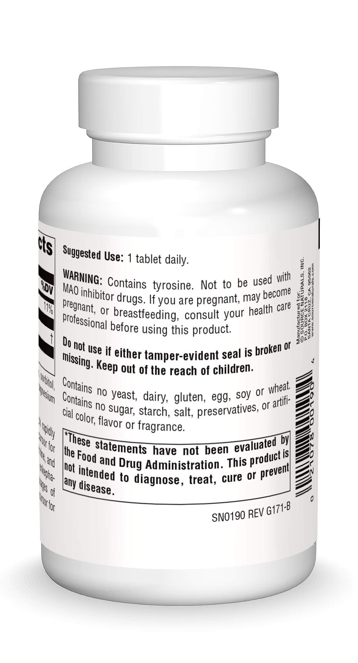 Tabletas Source Naturals L-Tirosina cercanas, posible apoyo a la concentración.