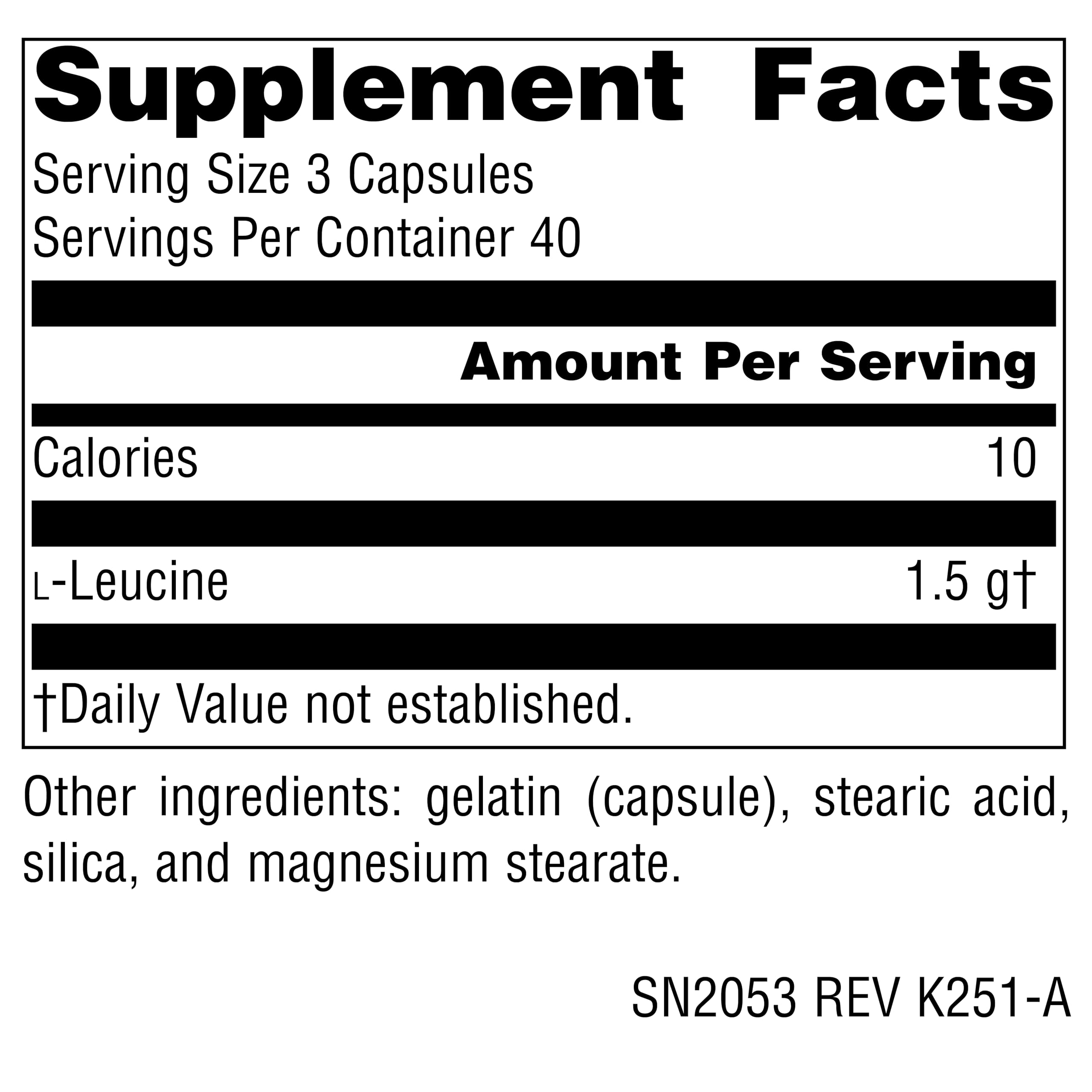 Source Naturals L-Leucina: cápsulas abiertas para ver la dosificación diaria.