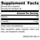 Source Naturals L-Leucina: cápsulas abiertas para ver la dosificación diaria.