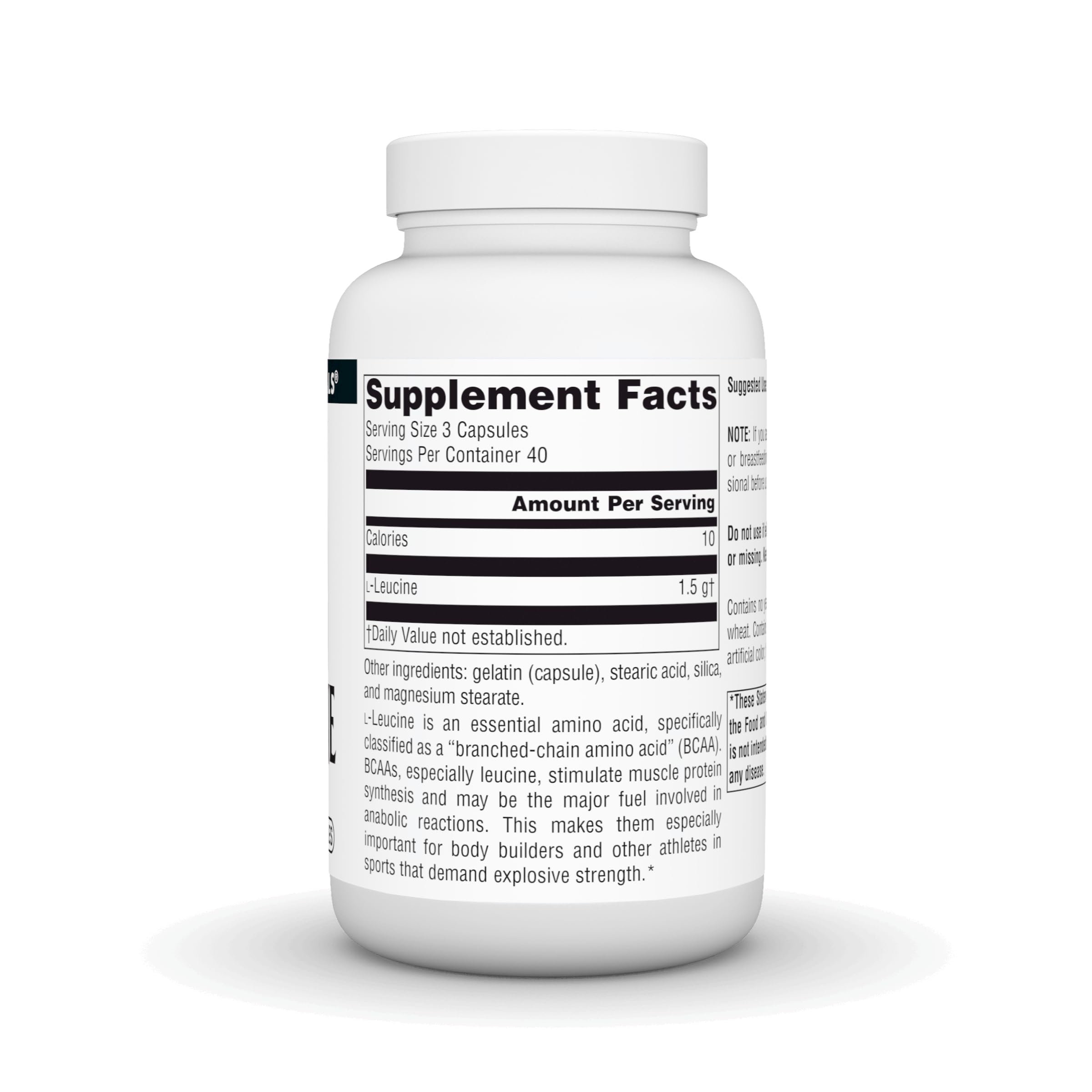Source Naturals L-Leucina: etiqueta frontal con información de aminoácidos esenciales.