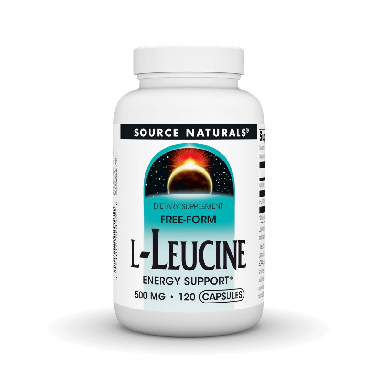 Source Naturals L-Leucina: botella de 500 mg para apoyar la energía durante entrenamientos.