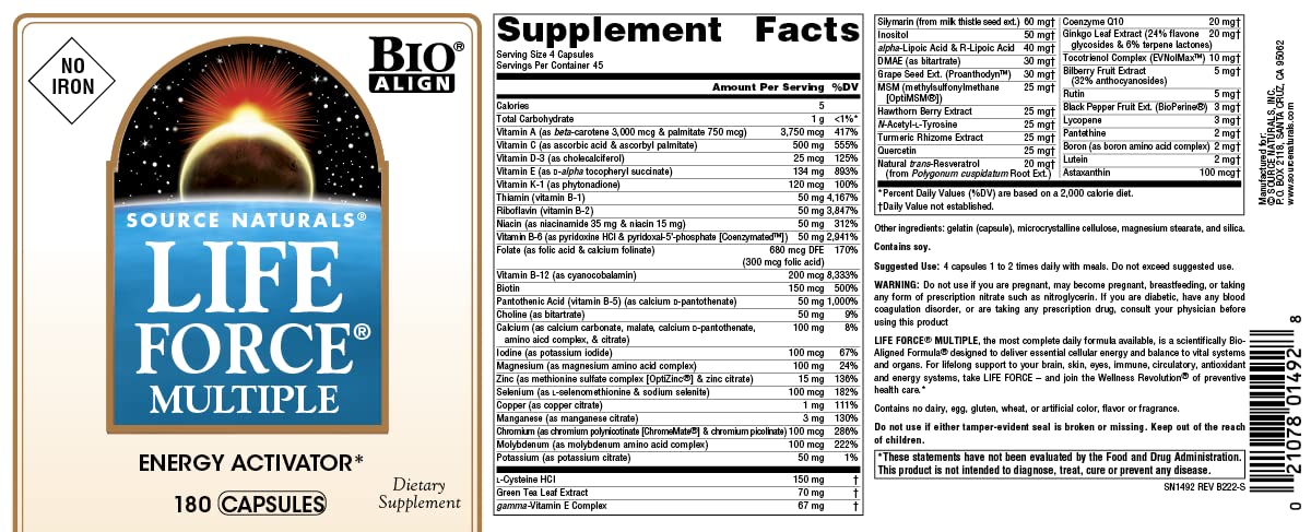 Source Naturals Life Force Multiple, cápsulas, soporte de vitaminas y minerales esenciales.