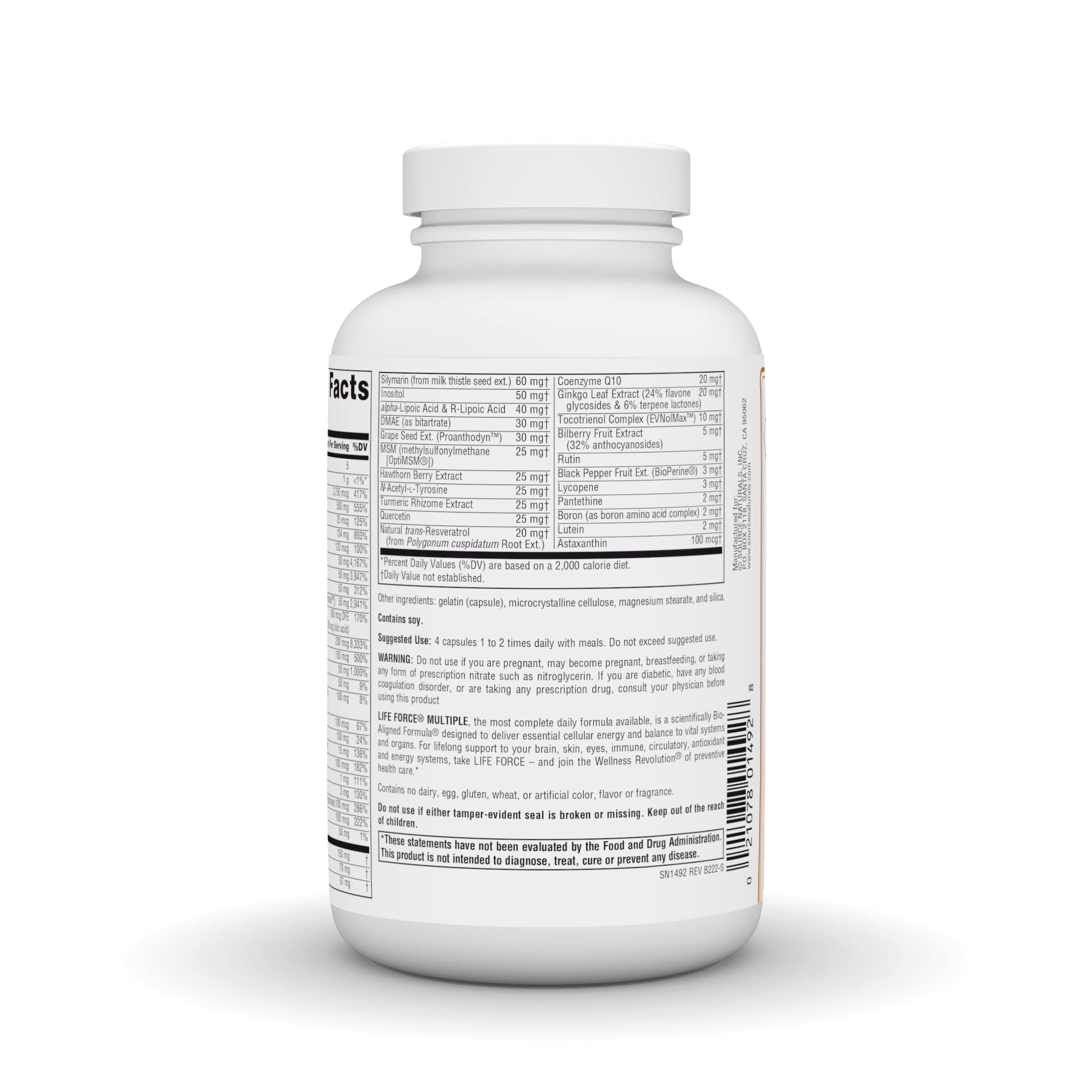 Source Naturals Life Force Multiple, etiqueta del producto, idea clara de nutrición diaria.
