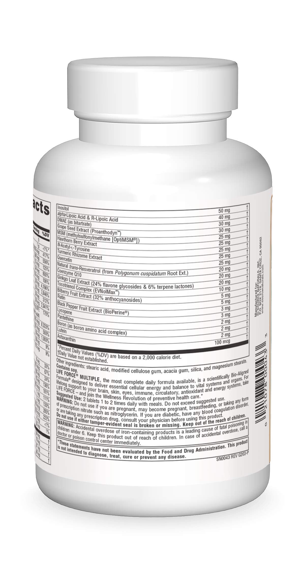 Source Naturals Life Force, envase destacando su formato de tabletas.