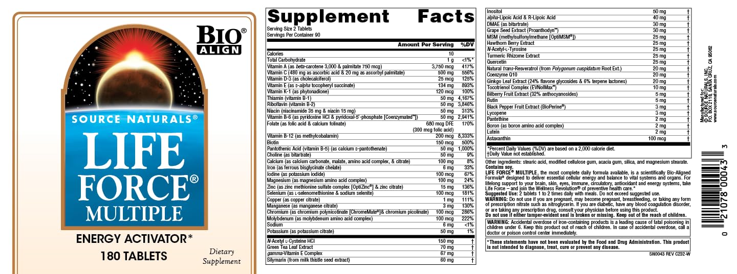 Etiqueta de Life Force, claridad sobre vitaminas y minerales esenciales.