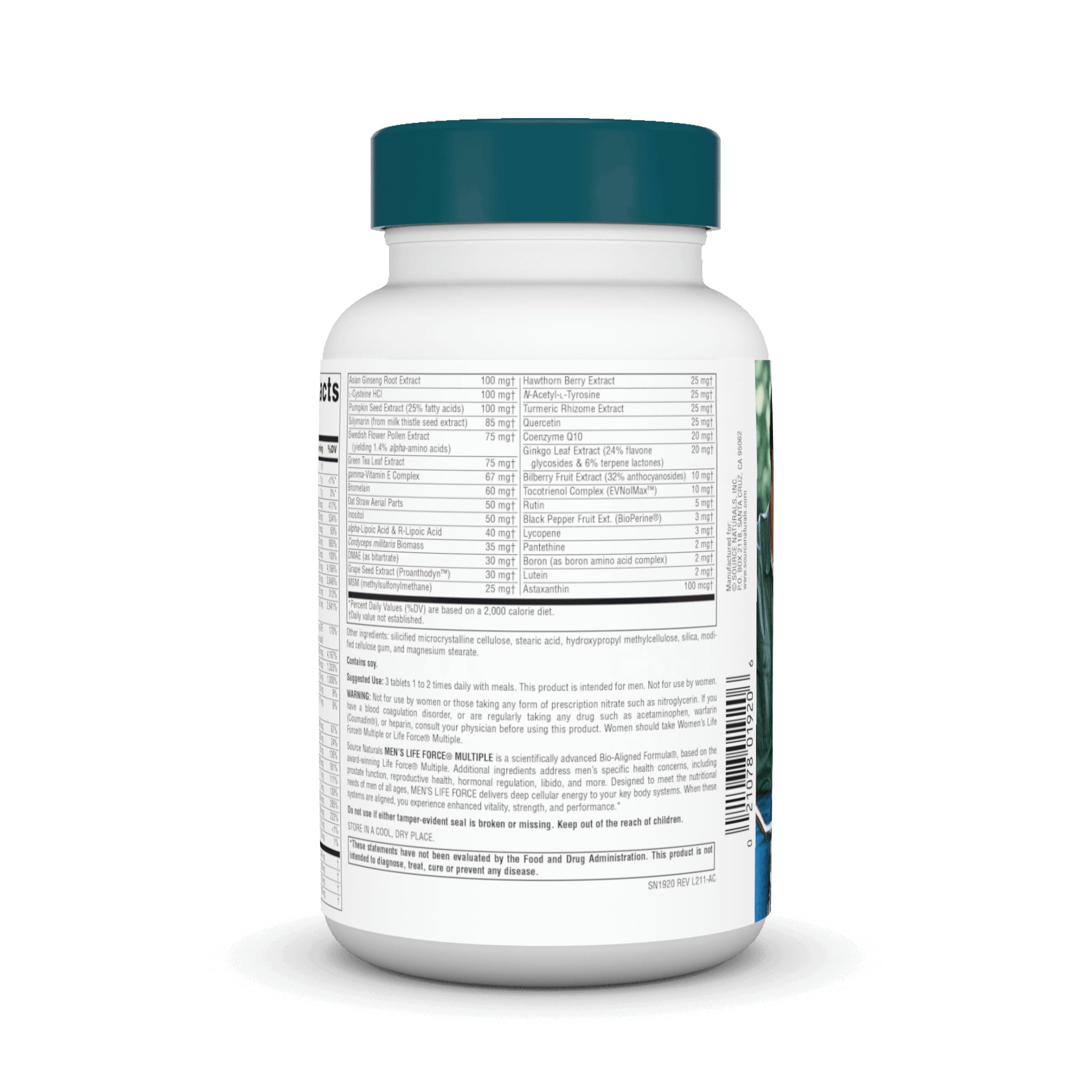 Life Force, tabletas cerca, fácil ver dosis y beneficios potenciales.