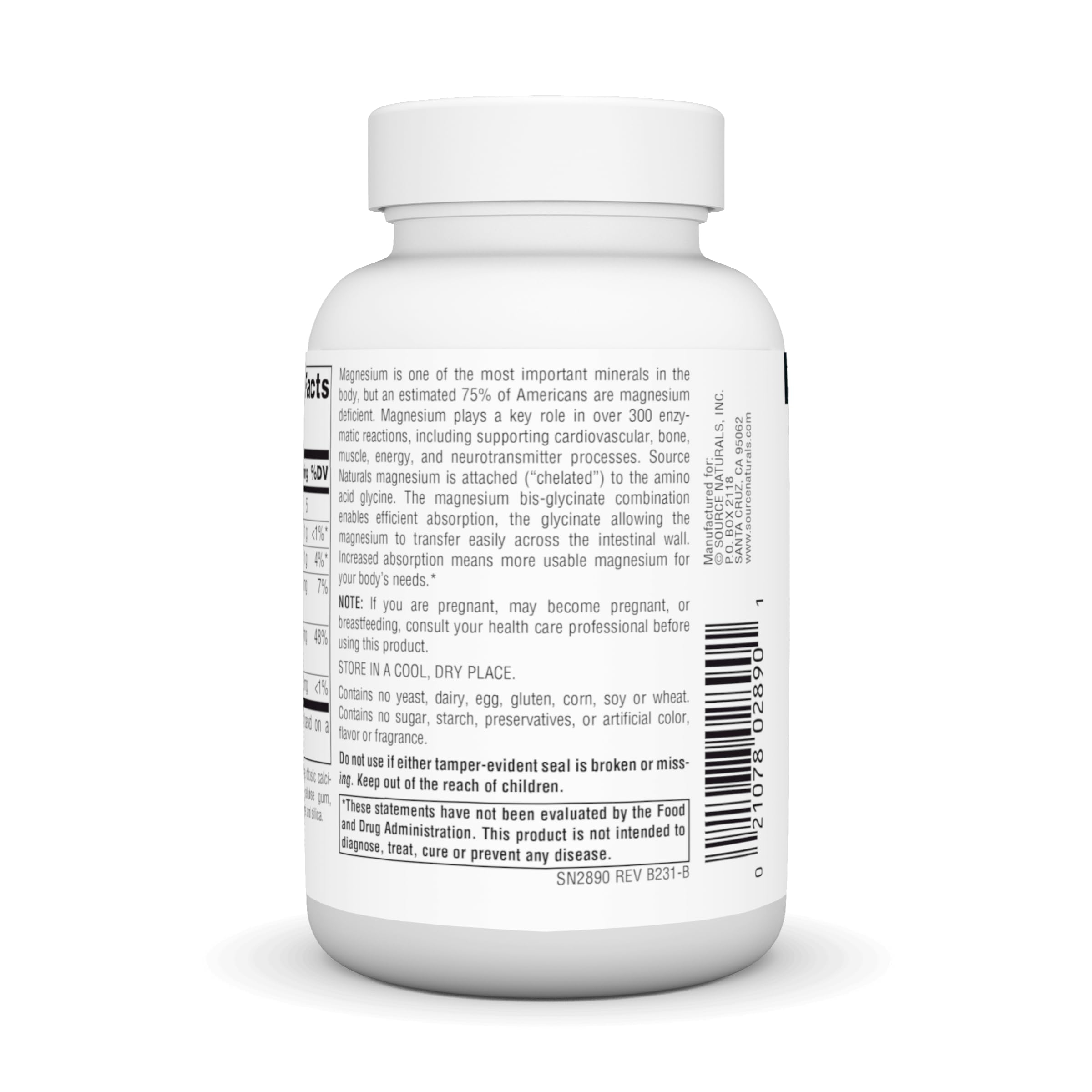 Source Naturals magnesio glicinato: etiqueta frontal que resalta calidad