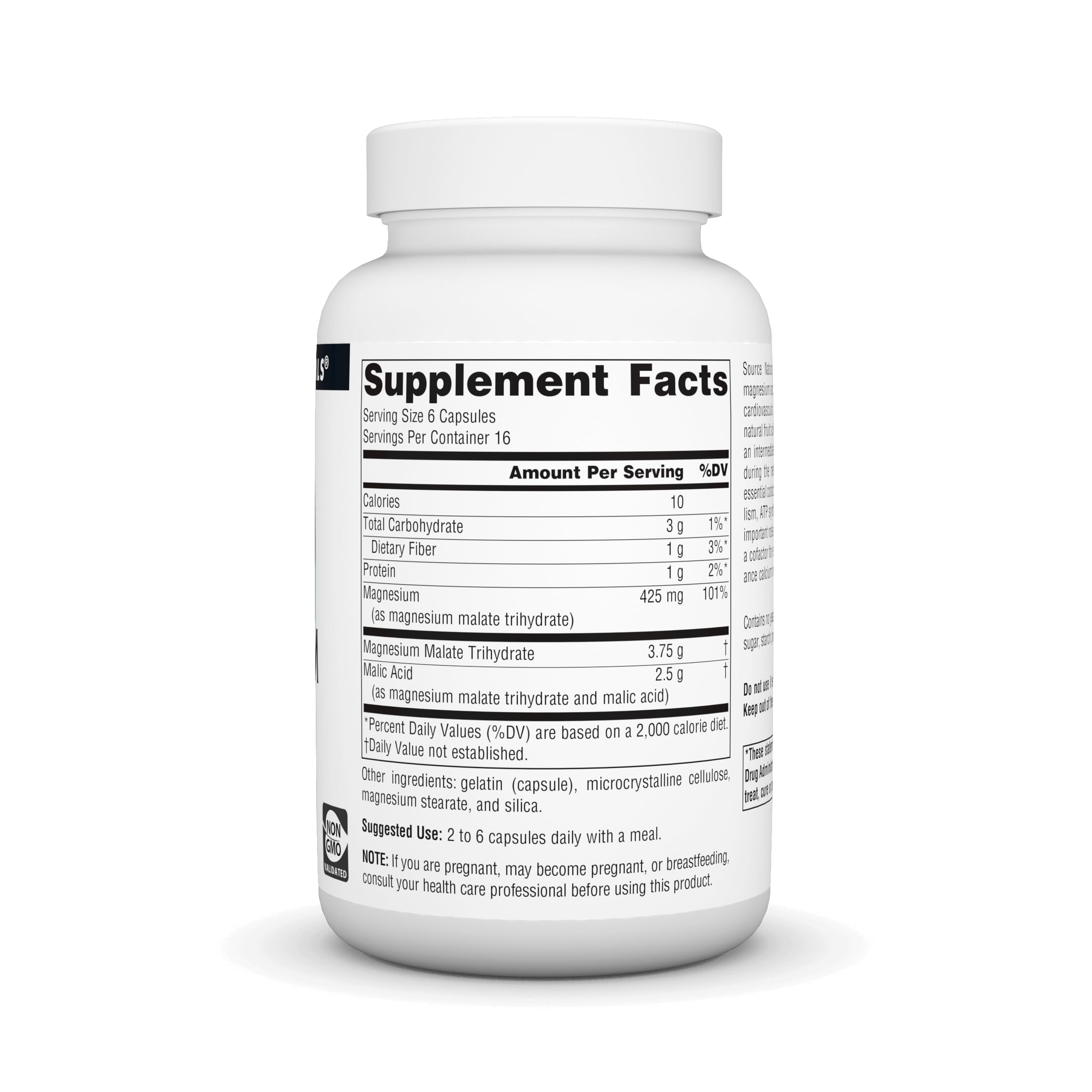 Source Naturals Magnesio Malato 3750 mg, etiqueta clara para ingesta diaria.