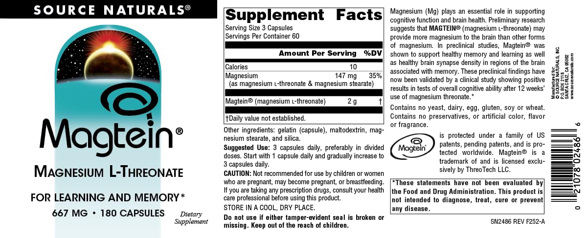 Source Naturals Magtein caja información, resumen de usos y beneficios.