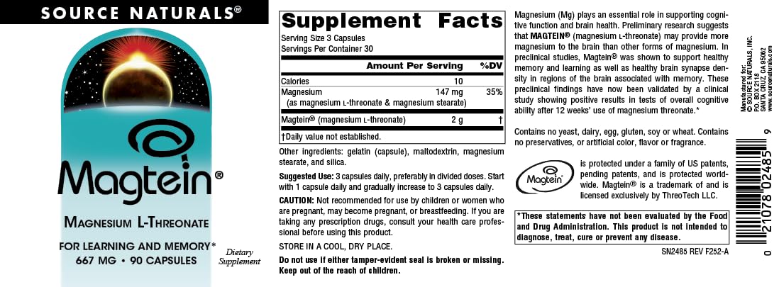 Source Naturals Magtein dosis recomendada, posible mejora de foco diario.