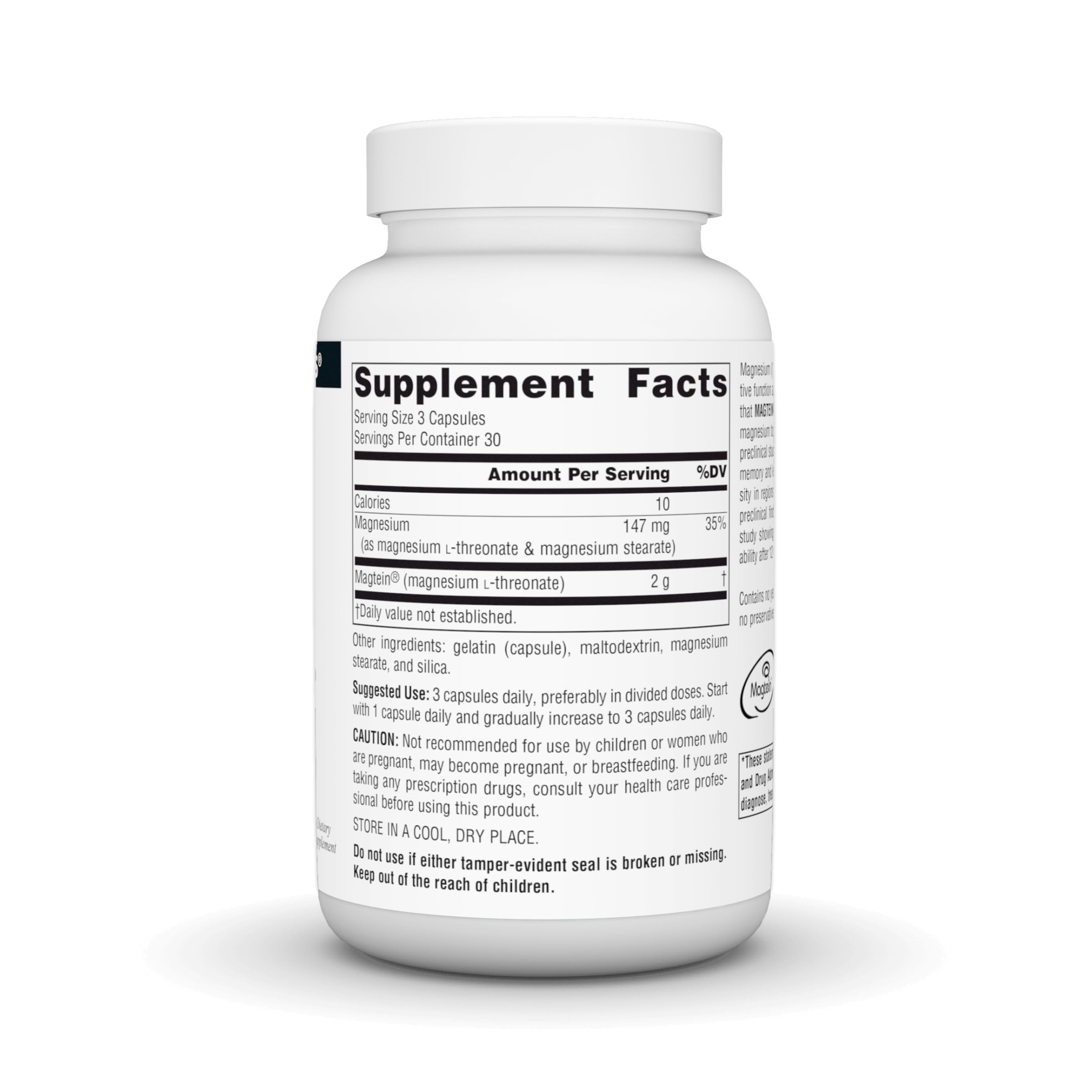 Source Naturals Magtein envase frontal, fácil acceso a la ingesta diaria.