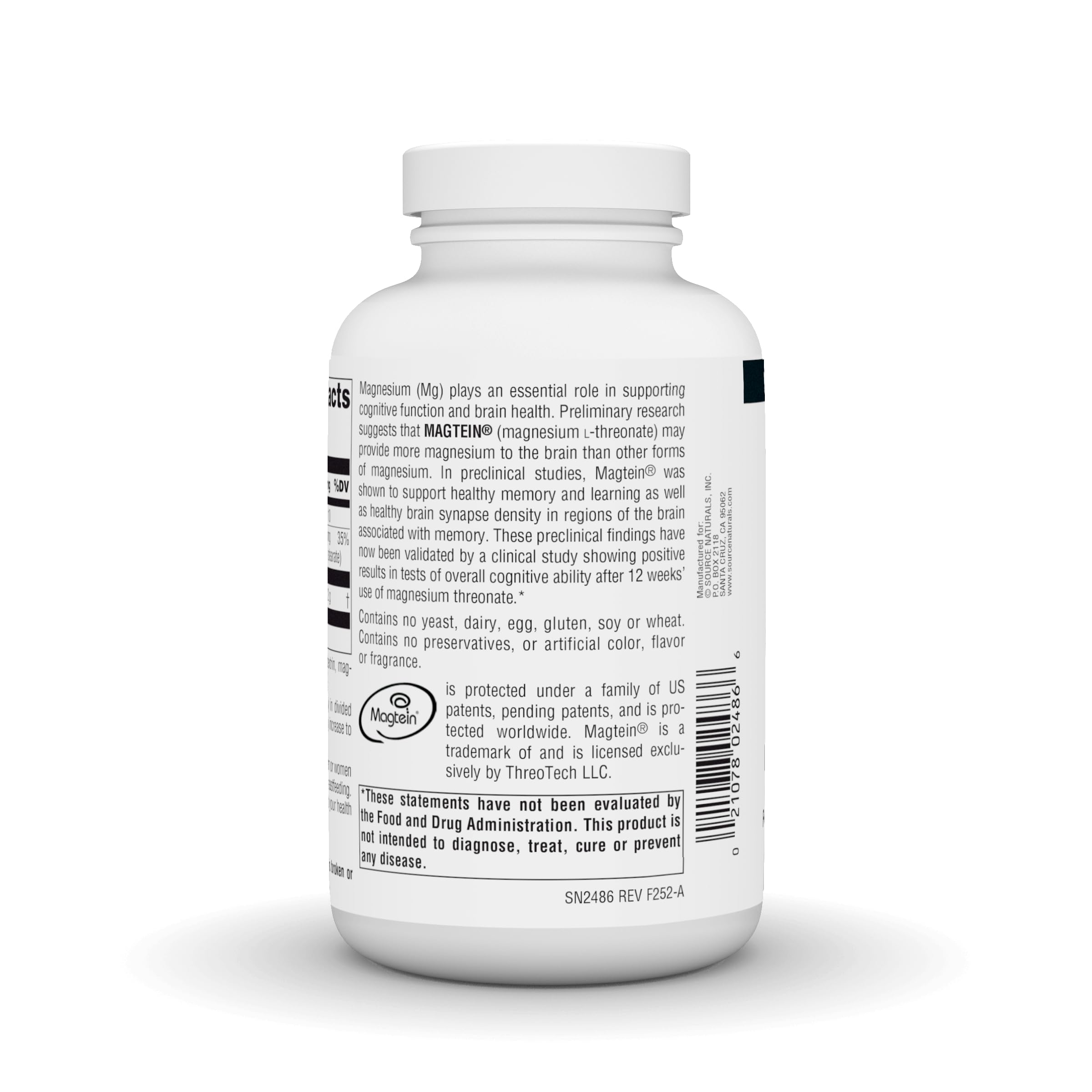 Source Naturals Magtein etiqueta clara, lectura fácil de beneficios potenciales.