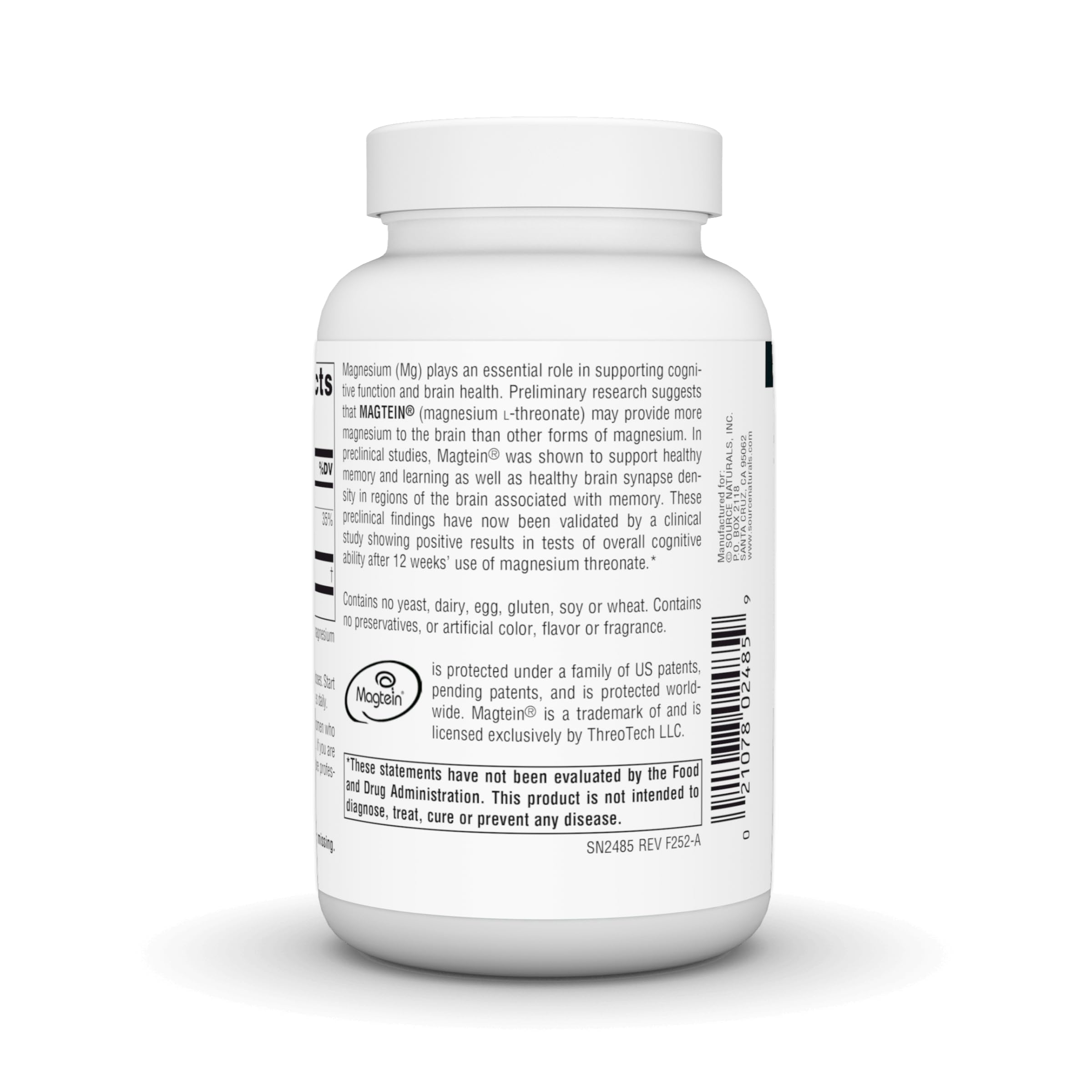 Source Naturals Magtein etiqueta detallada, indicaciones claras para uso responsable.