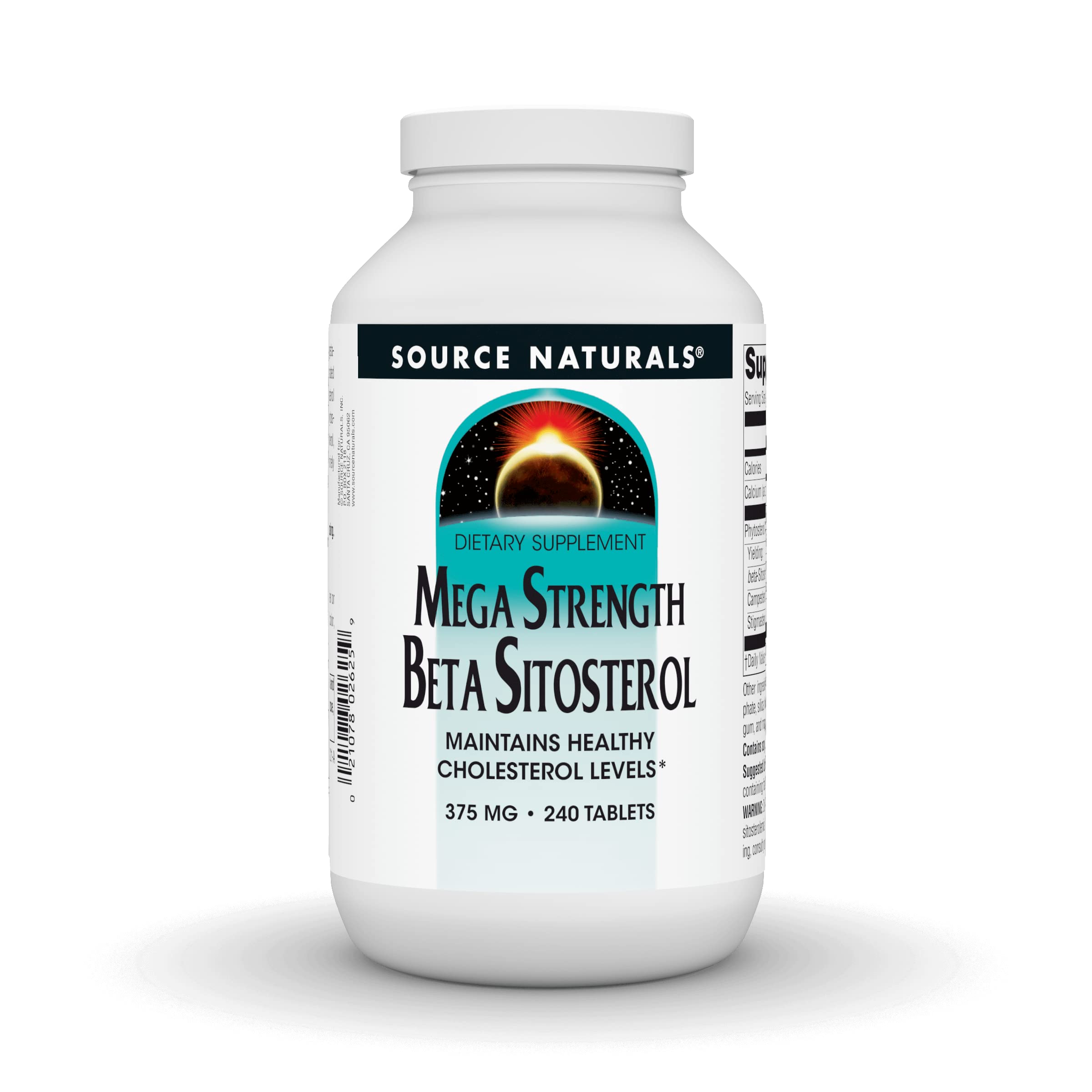 Source Naturals Mega Strength Beta Sitosterol frente a botella con tabletas para apoyar el colesterol dentro de lo normal.