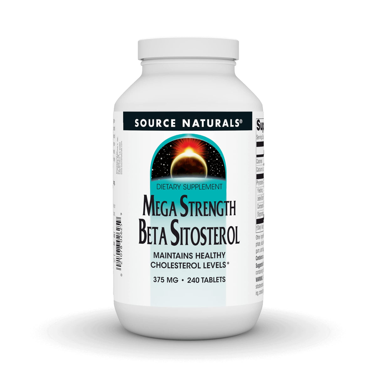Source Naturals Mega Strength Beta Sitosterol frente a botella con tabletas para apoyar el colesterol dentro de lo normal.