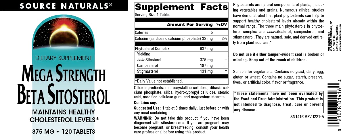 Caja externa de Source Naturals Mega Strength Beta Sitosterol, presentación profesional para usuarios.