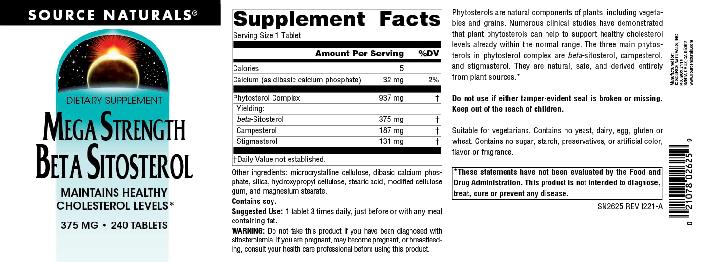 Frasco de Source Naturals Mega Strength Beta Sitosterol en primer plano, presentación estable.