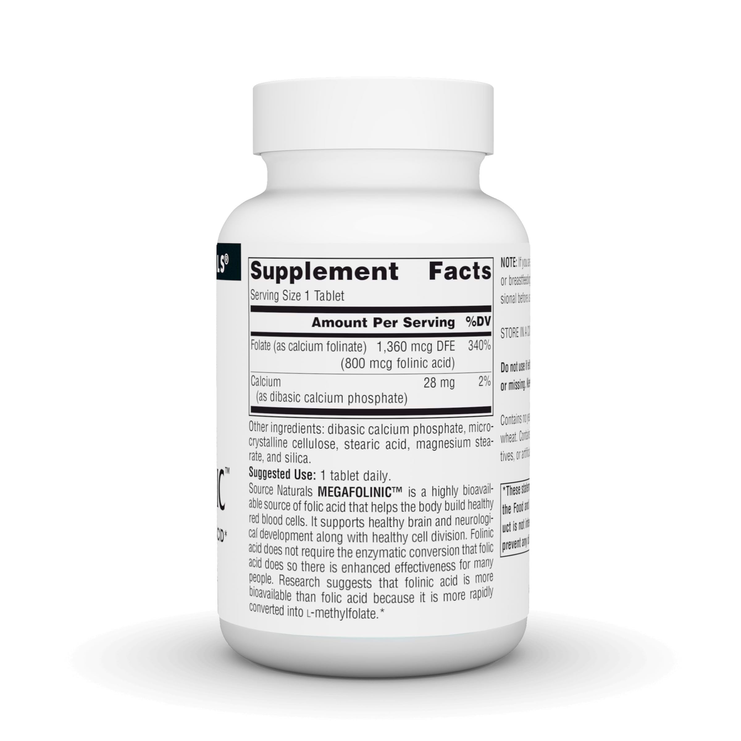 Source Naturals MegaFolinic, etiqueta del frasco, guía rápida de ingesta diaria.