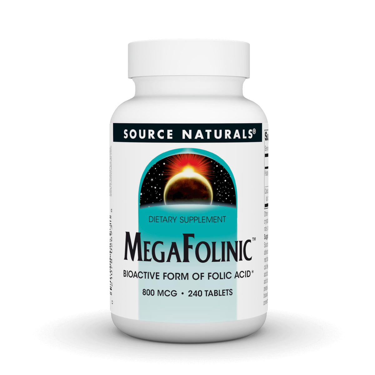 Source Naturals MegaFolinic, frasco frontal, apoyo a la formación de glóbulos rojos saludables.
