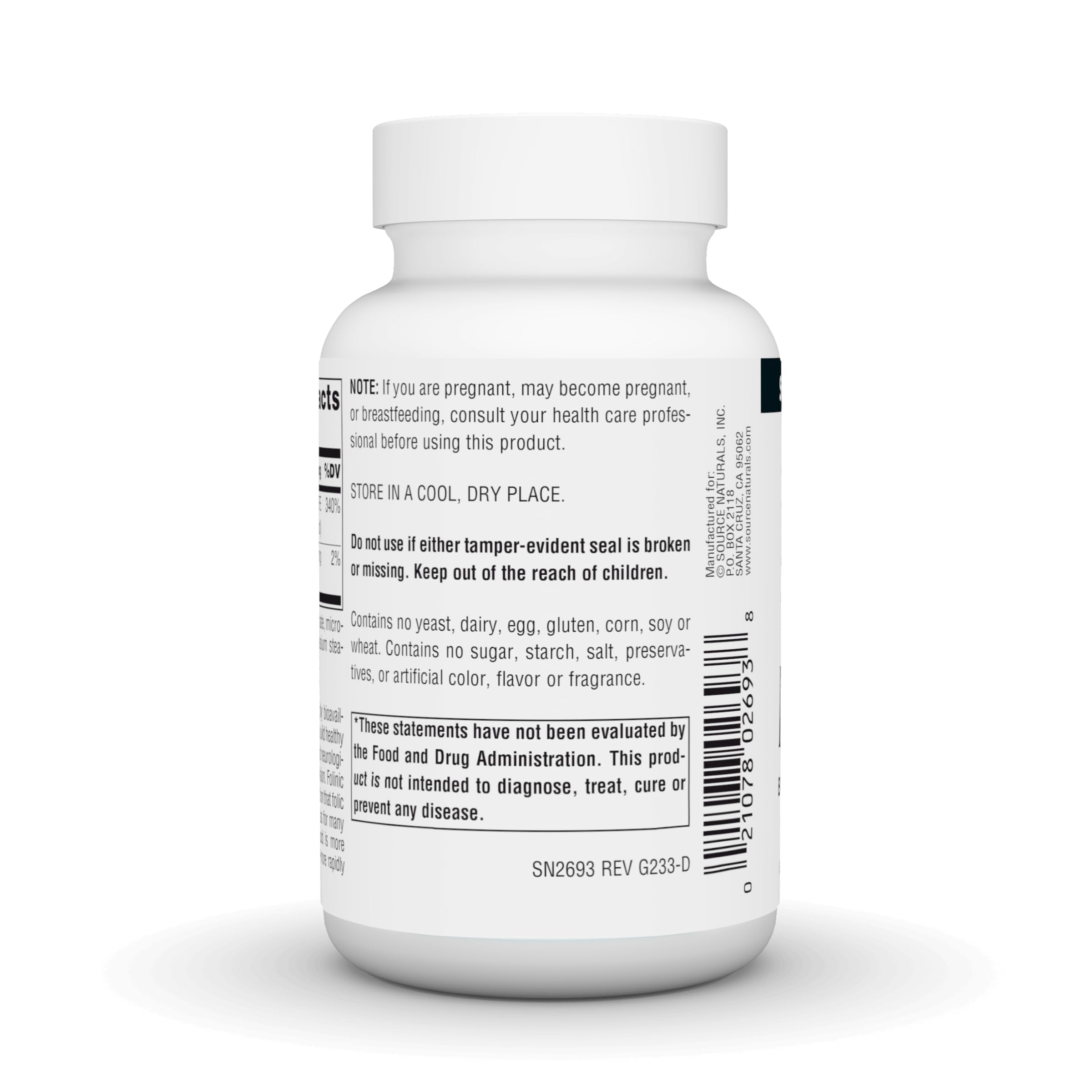 Source Naturals MegaFolinic, píldoras dentro del frasco, toma sencilla cada día.