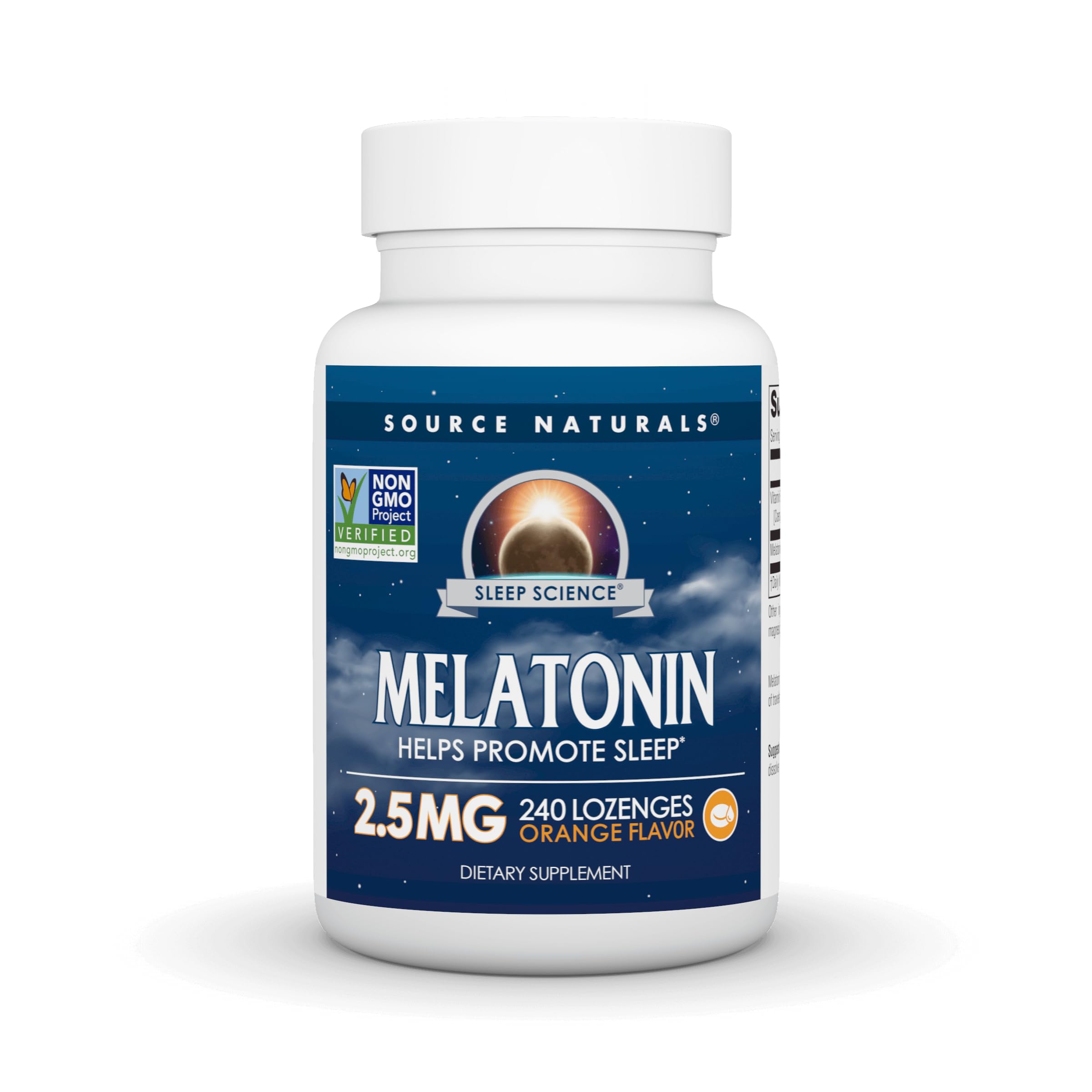 Source Naturals Melatonina 2.5 mg, pastilla naranja para descanso suave.
