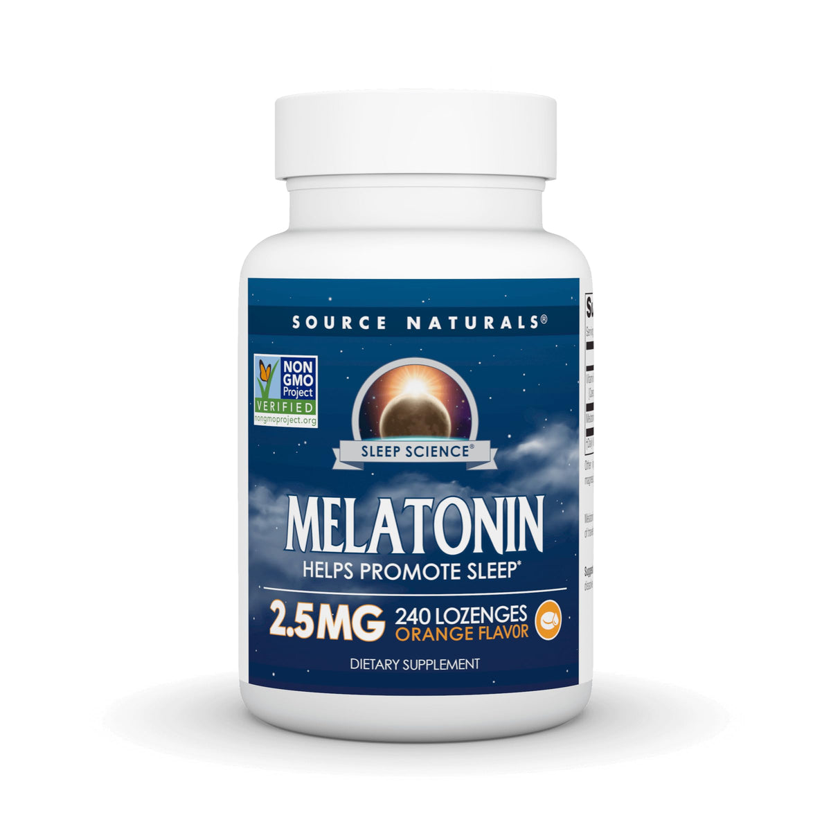 Source Naturals Melatonina 2.5 mg, pastilla naranja para descanso suave.