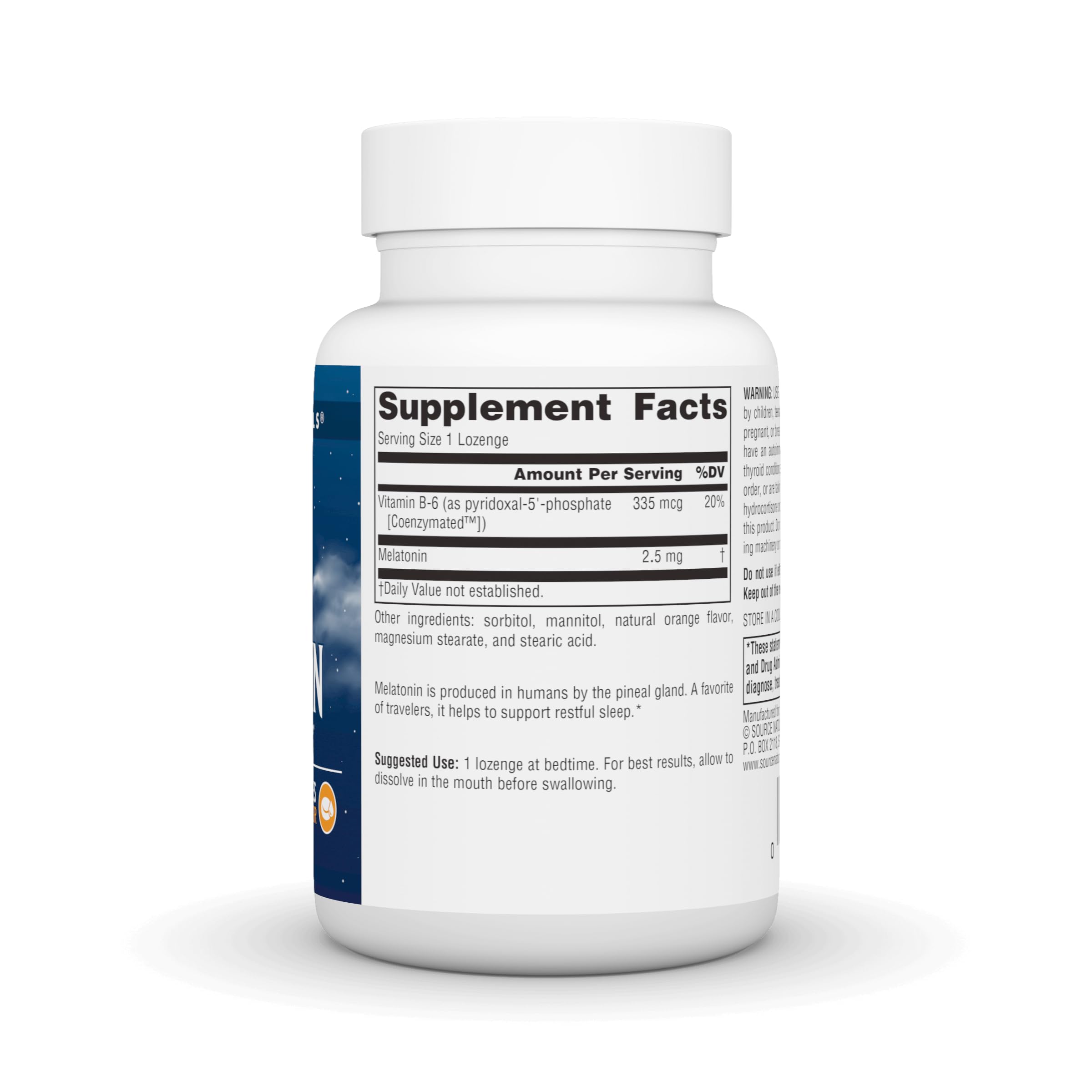 Melatonina Source Naturals 2.5 mg, sabor naranja para sueño ligero.